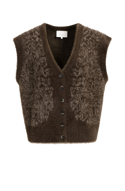 YAYA Brown Fluffy Knit Vest with Pattern