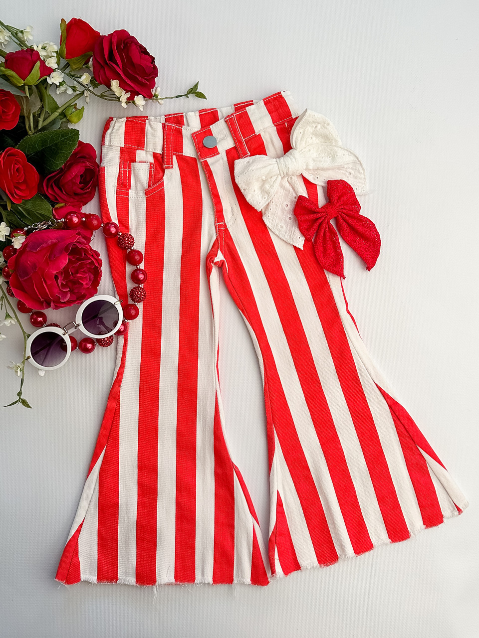 Red & White Striped Bell Bottom Jeans