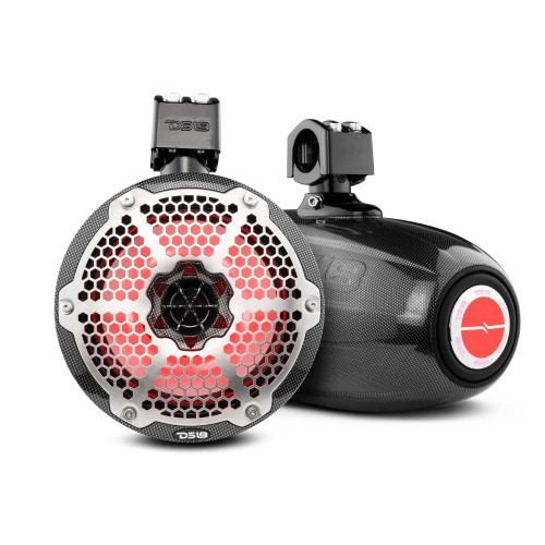 DS18 HYDRO 8" Neodymium Marine Towers with Built-in Passive Radiator, 1" Driver and Rgb LED Light 550 Watts, Black Carbon Fiber
