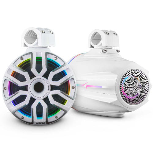 MARINE AND POWERSPORTS LOADED TOWER WITH BUILT-IN PASSIVE RADIATOR, DIGITAL LED LIGHTS AND LEATHER COVERS - 8" Loaded Tower with NVY-M8DC/WH | White Dome Light | 200 Watts RMS | White