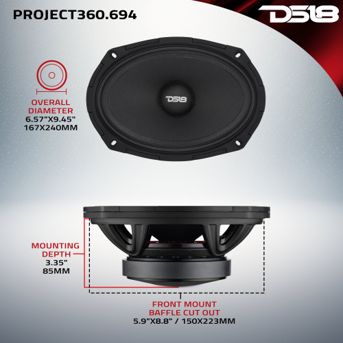 DS18 COMPETITION GRADE PRO 6X9" MID-HIGH LOUDSPEAKER WITH PATENT PENDING ROTATING RECONE DESIGN - 300W RMS - 600W MAX - 4 OHM