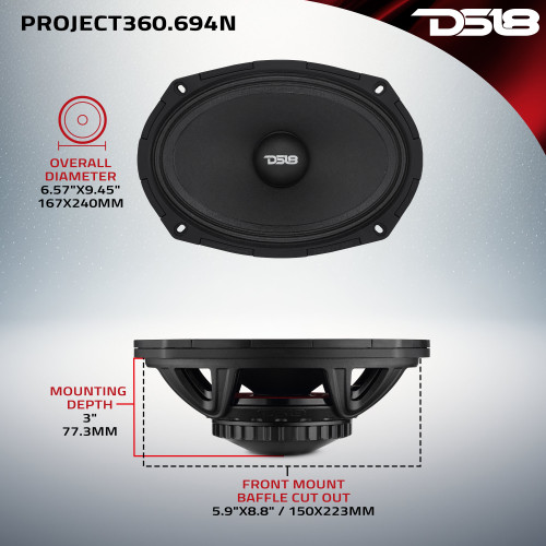 DS18 COMPETITION GRADE PRO 6X9" MID-HIGH LOUDSPEAKER WITH PATENT PENDING ROTATING RECONE DESIGN - 350W RMS - 700W MAX - 4 OHM - NEODYMIUM MAGNET