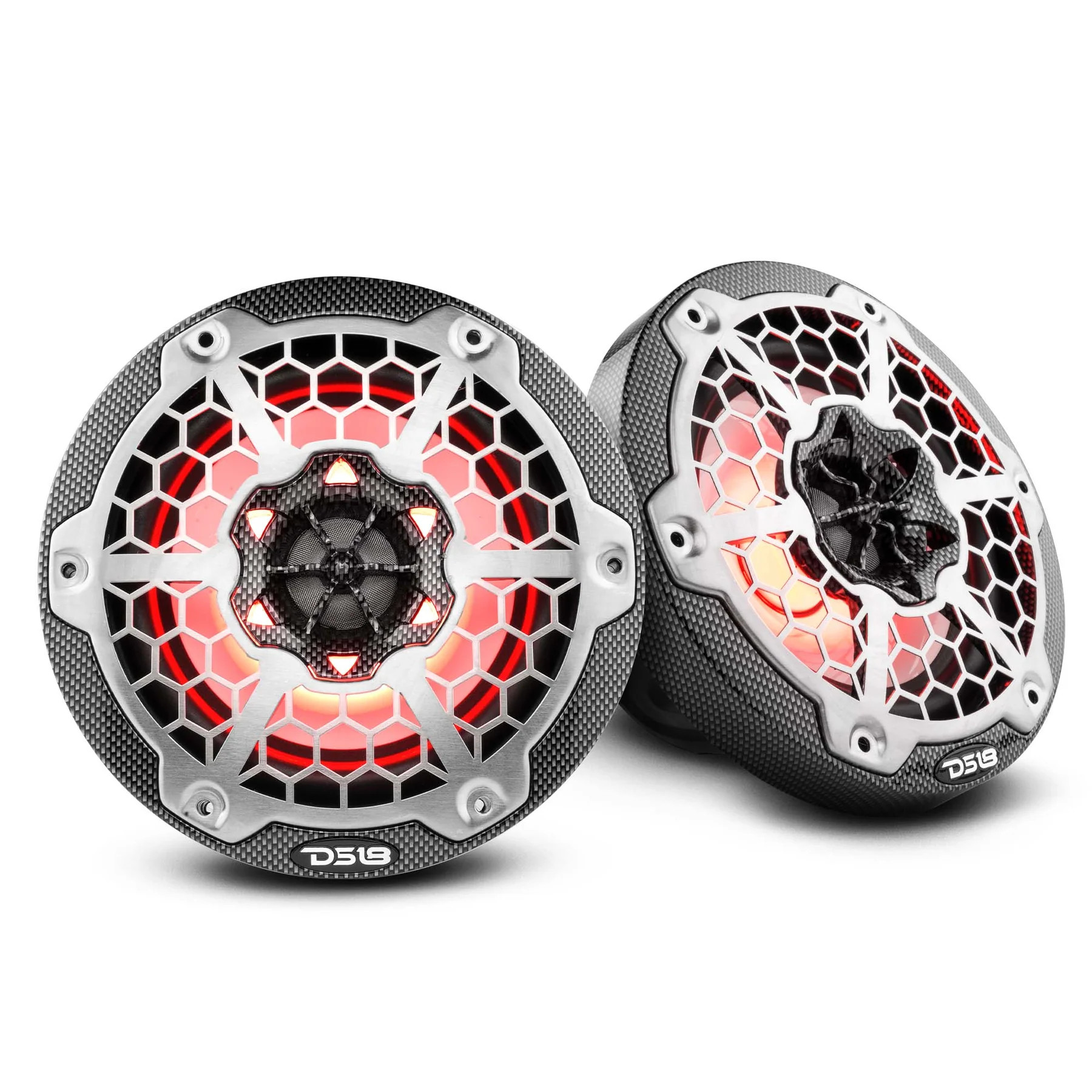 DS18 HYDRO MARINE / ATV / UTV COAXIAL 6' CARBON FIBER FINISH SPEAKERS W/ BUILT IN RGB LED LIGHTING