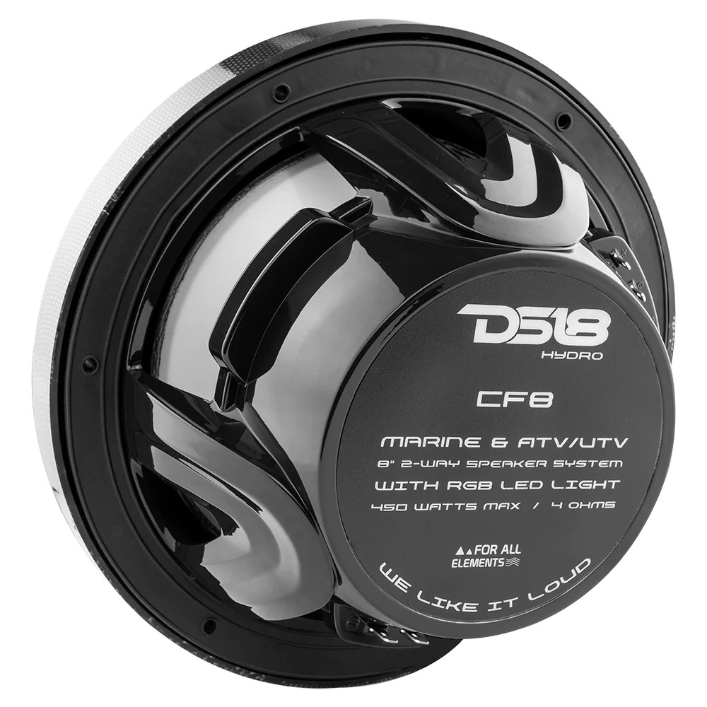 DS18 HYDRO MARINE / ATV / UTV COAXIAL 8' CARBON FIBER FINISH SPEAKERS W/ BUILT IN RGB LED LIGHTING