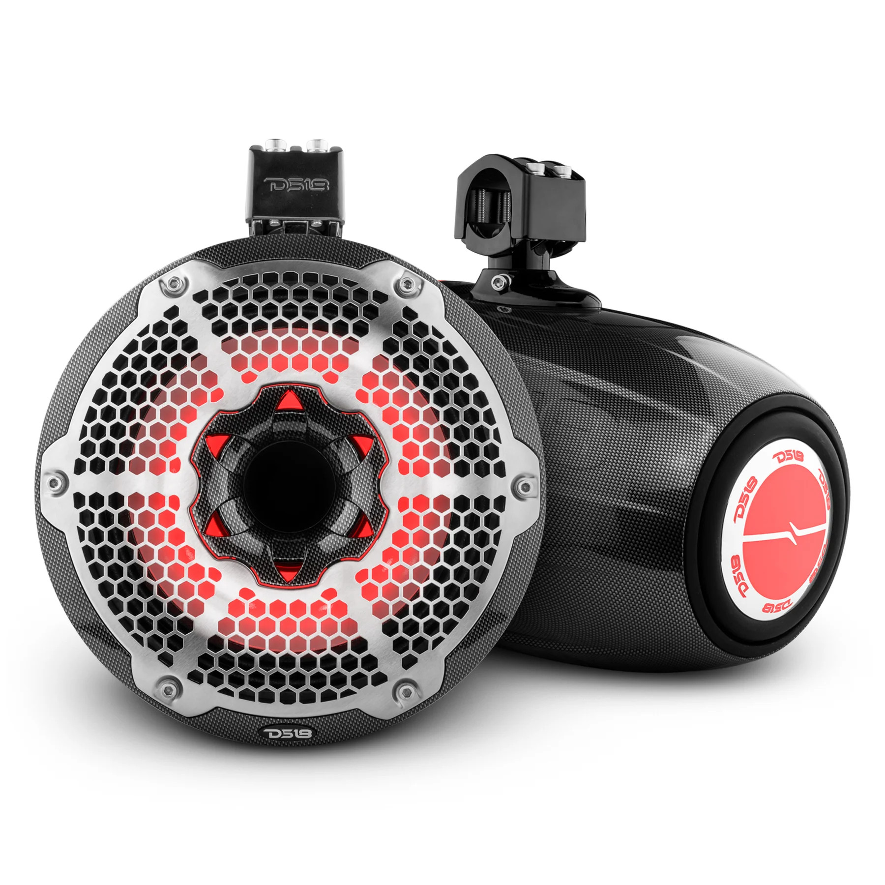 DS18 HYDRO 10" Neodymium Marine Towers with Built-in Passive Radiator, 1" Driver and Rgb LED Light 900 Watts, Black Carbon Fiber