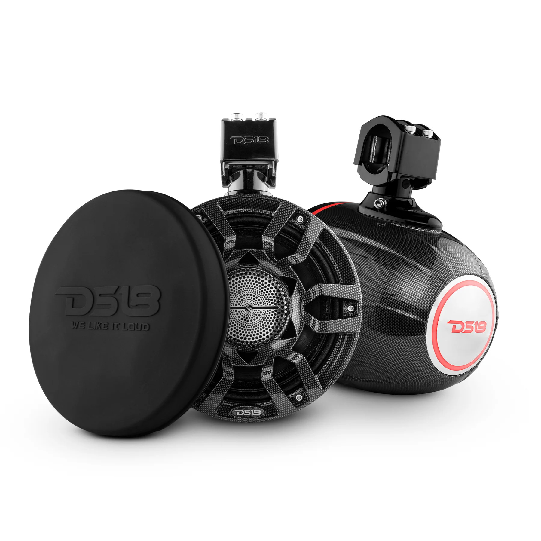 DS18 HYDRO 8" MARINE TOWERS PRO HYBRID TWO WAY MIDRANGE SPEAKERS WITH CS8 COVERS - CARBON FIBER