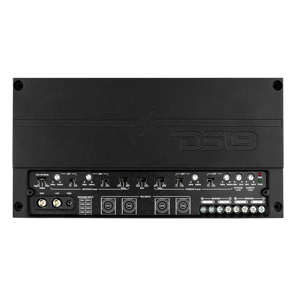 DS18 DELUXE 4CH STEREO FULL RANGE MINI DIGITAL AMPLIFIER - 150W RMS X 4 CH @ 4 OHMS, 250W RMS X 4 @ 2 OHMS, 480W RMS X 2 @ 4 OHMS BRIDGED