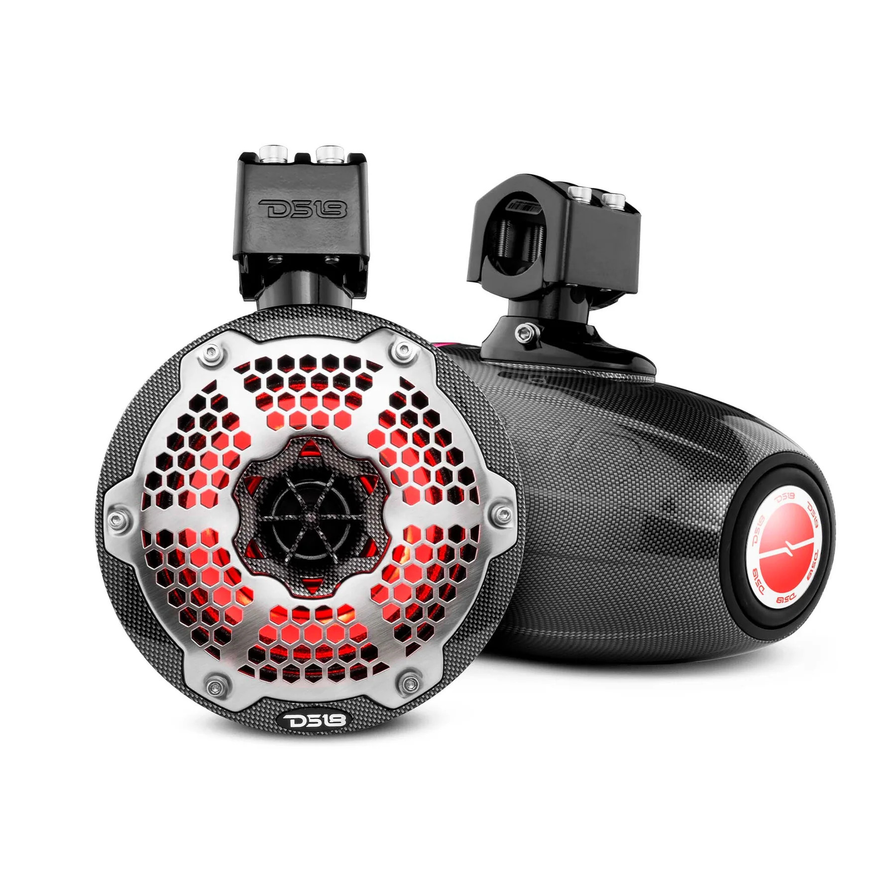 DS18 HYDRO 6.5" NEODYNIUM MARINE TOWERS WITH BUILT IN PASSIVE RADIATOR, 1" DRIVER & RGB LED LIGHTS, 450W - BLACK CARBON FIBER FINISH