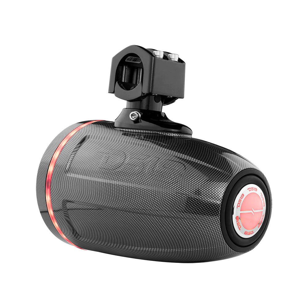 DS18 HYDRO 6.5" NEODYNIUM MARINE TOWERS WITH BUILT IN PASSIVE RADIATOR, 1" DRIVER & RGB LED LIGHTS, 450W - BLACK CARBON FIBER FINISH