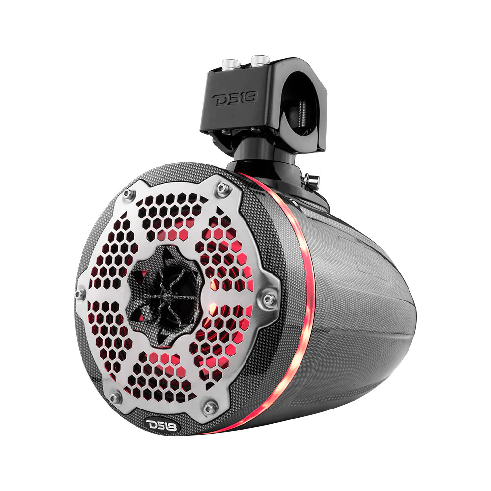 DS18 HYDRO 6.5" NEODYNIUM MARINE TOWERS WITH BUILT IN PASSIVE RADIATOR, 1" DRIVER & RGB LED LIGHTS, 450W - BLACK CARBON FIBER FINISH