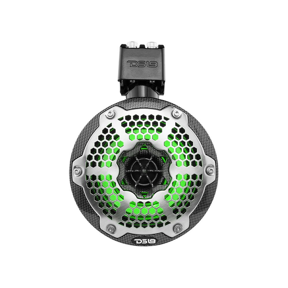 DS18 HYDRO 6.5" NEODYNIUM MARINE TOWERS WITH BUILT IN PASSIVE RADIATOR, 1" DRIVER & RGB LED LIGHTS, 450W - BLACK CARBON FIBER FINISH