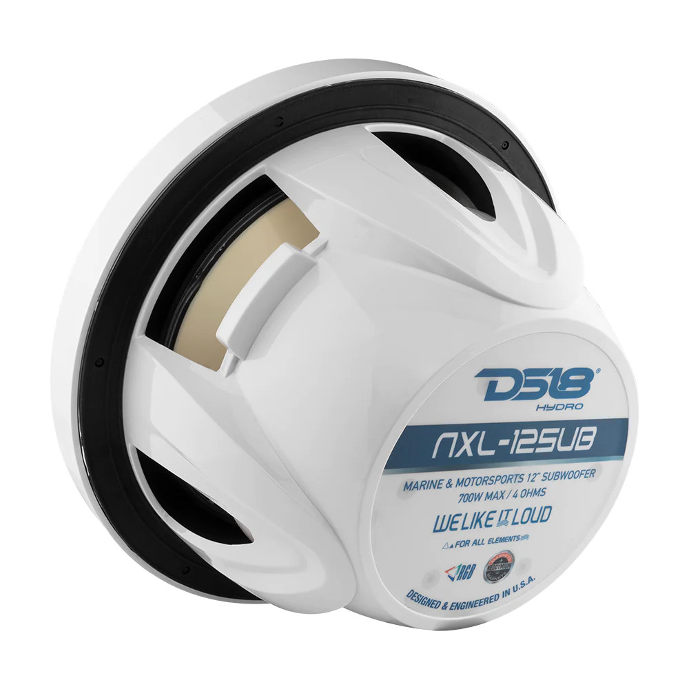 DS18 WHITE HYDRO 12" MARINE SUBWOOFER 700 WATTS SVC WITH STAINLESS GRILL & RGB LEDS BUILT IN