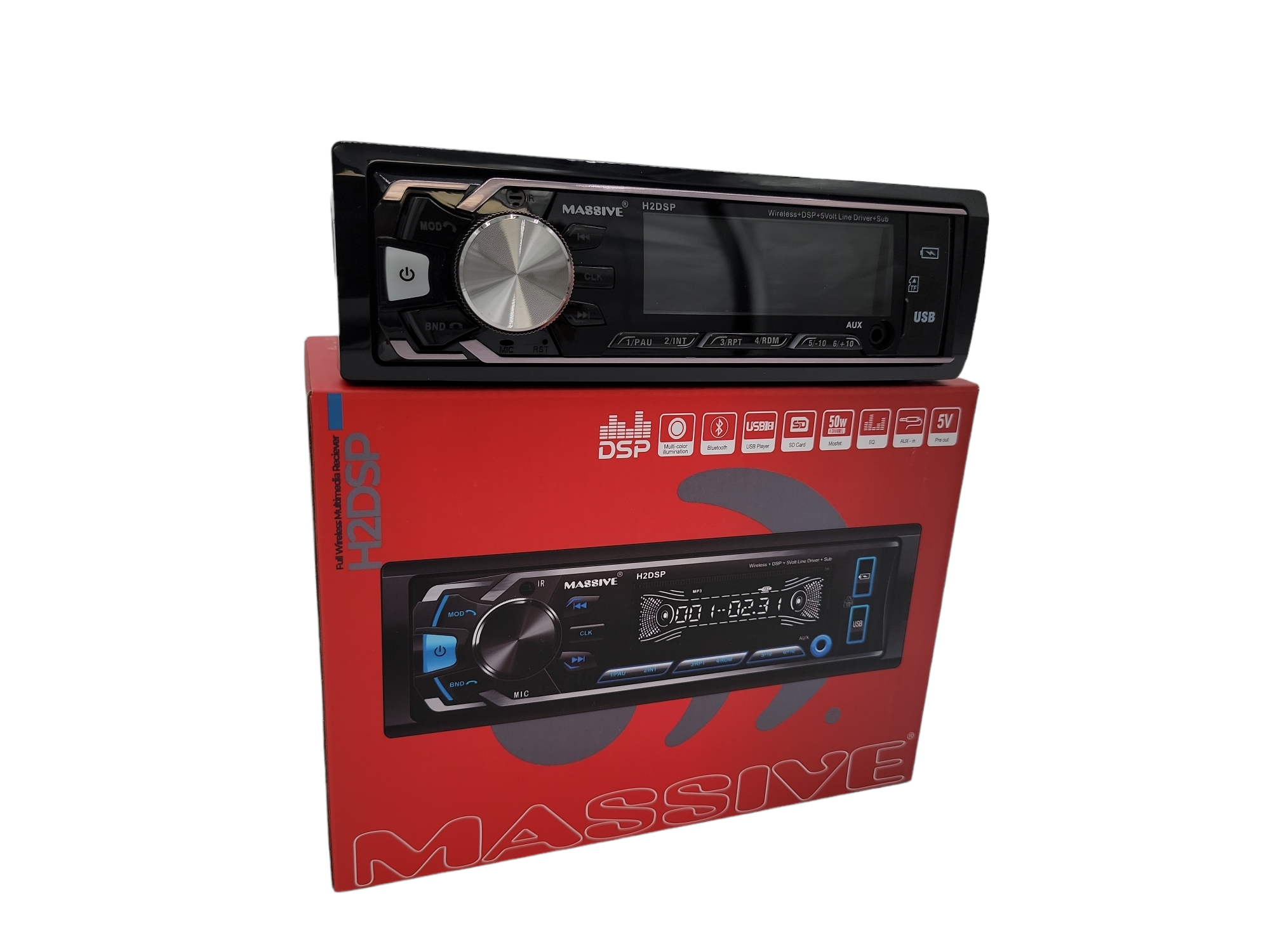 MASSIVE AUDIO FULL WIRELESS, BLUETOOTH, DSP, MULTIMEDIA RECEIVER, 5V PRE-AMP OUTPUTS F/R/S, DUAL SUBWOOFER OUTPUTS WITH X-OVERS, REMOTE CONTROL, 50W X 4, USB/SD/AUX/EQ/AM/FM