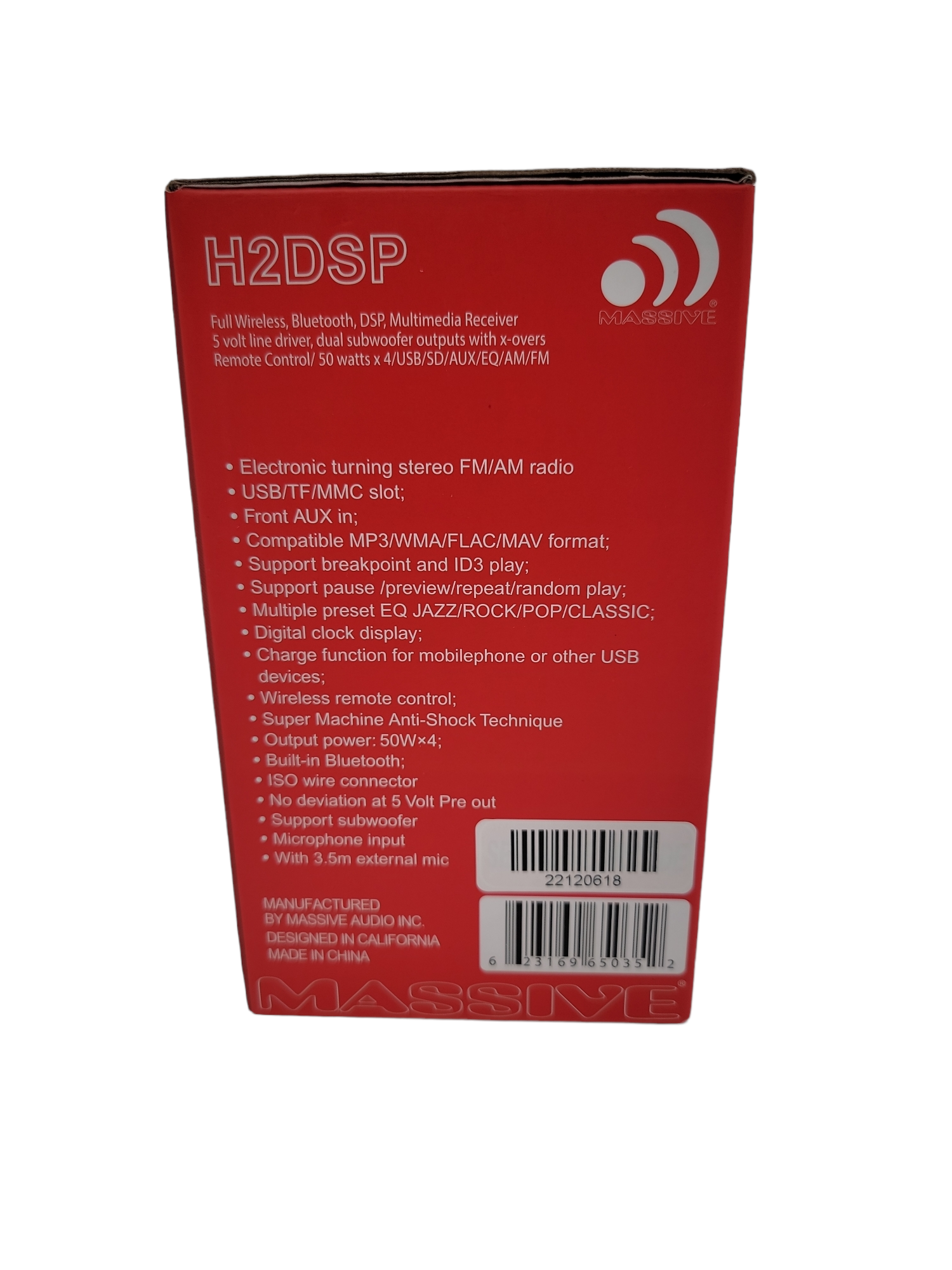 MASSIVE AUDIO FULL WIRELESS, BLUETOOTH, DSP, MULTIMEDIA RECEIVER, 5V PRE-AMP OUTPUTS F/R/S, DUAL SUBWOOFER OUTPUTS WITH X-OVERS, REMOTE CONTROL, 50W X 4, USB/SD/AUX/EQ/AM/FM