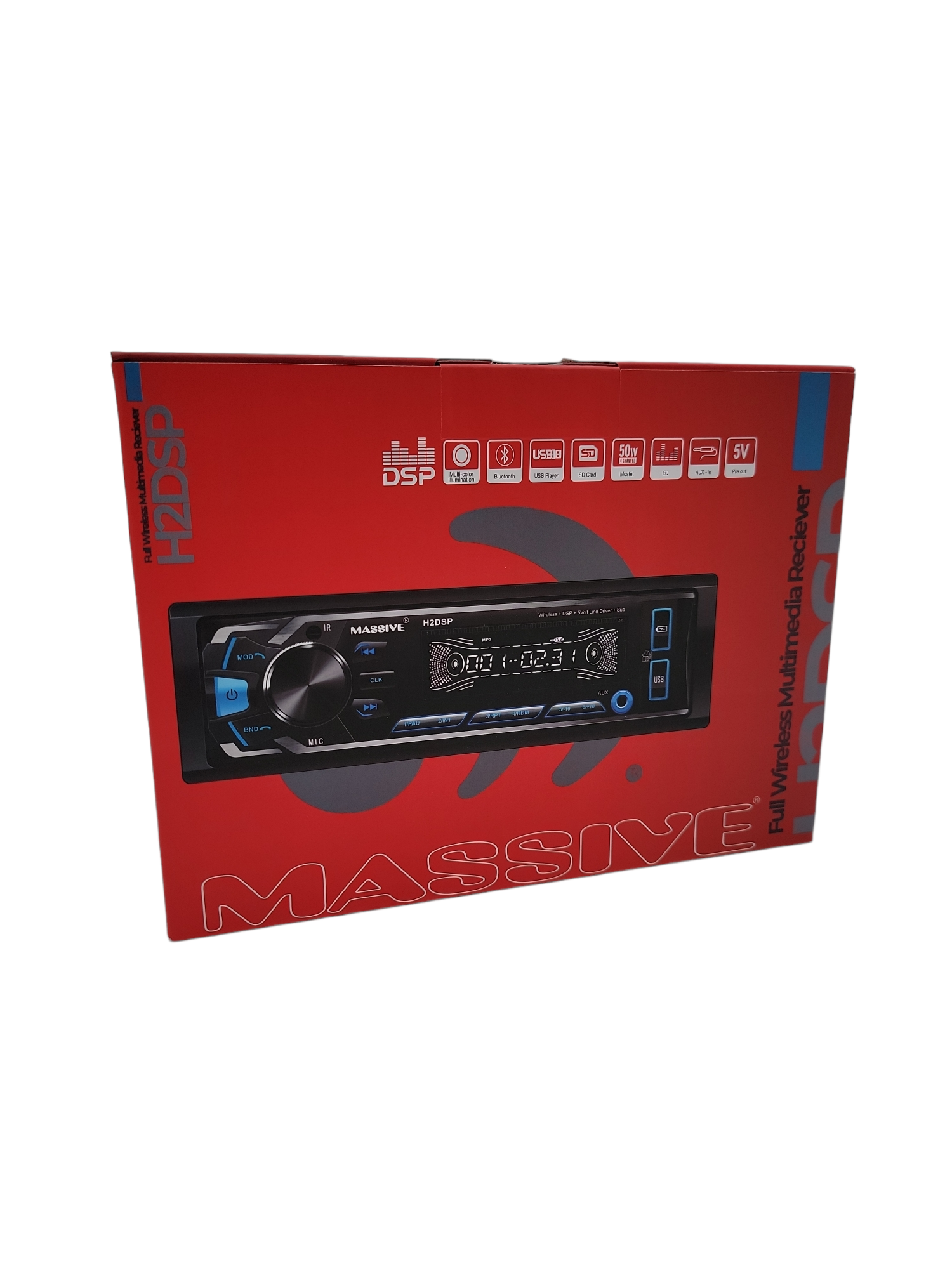 MASSIVE AUDIO FULL WIRELESS, BLUETOOTH, DSP, MULTIMEDIA RECEIVER, 5V PRE-AMP OUTPUTS F/R/S, DUAL SUBWOOFER OUTPUTS WITH X-OVERS, REMOTE CONTROL, 50W X 4, USB/SD/AUX/EQ/AM/FM