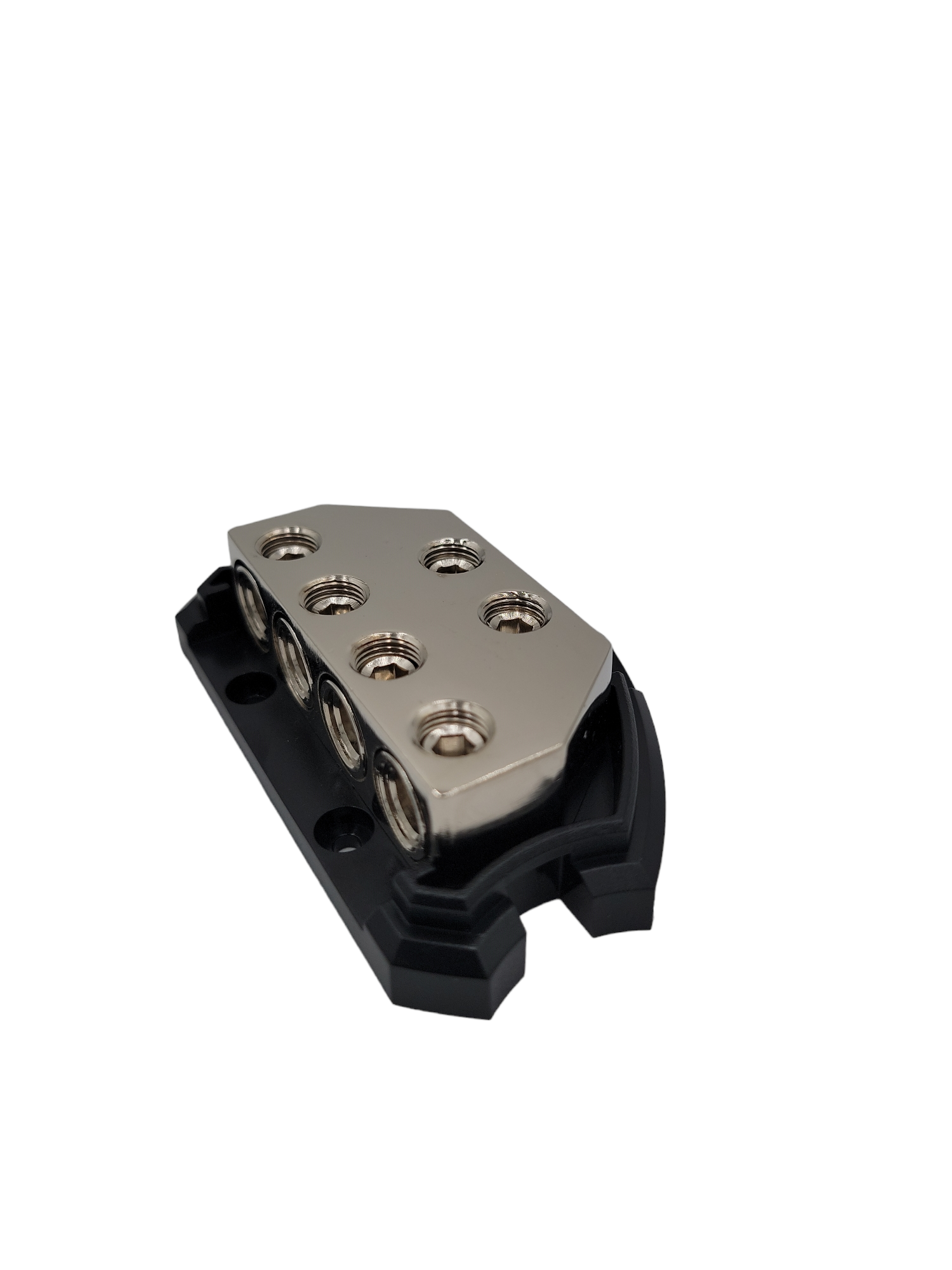 DS18 POWER/GROUND DISTRIBUTION BLOCK - NICKLE PLATED, HIGH HEAT RESISTANT HOUSING - 2 X 0/4GA IN TO 4 X 0/4GA OUT