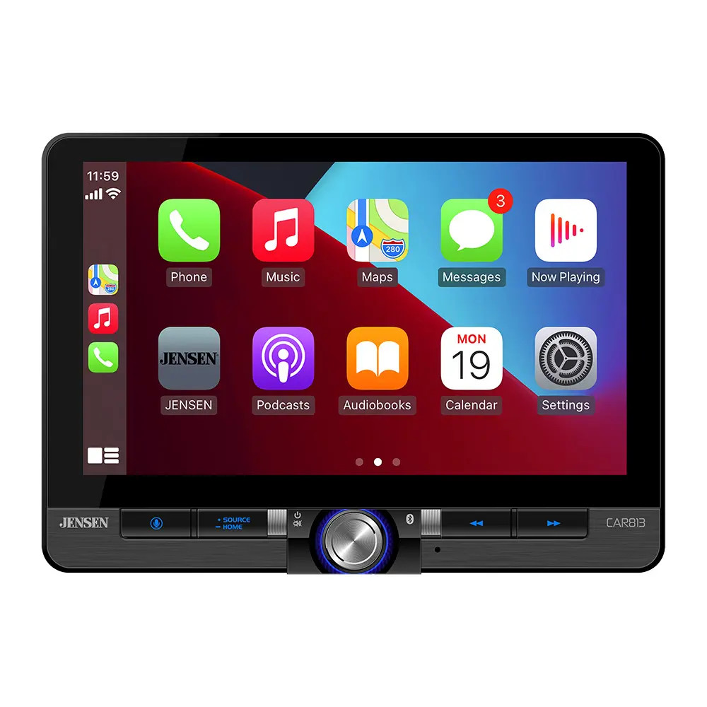 JENSEN 8" TOUCHSCREEN WIRELESS OR WIRED APPLE CARPLAY & ANDROID AUTO RECEIVER, 60W X 4, BLUETOOTH, FRONT & REAR CAMERA INPUTS, USB, EQ, RGB