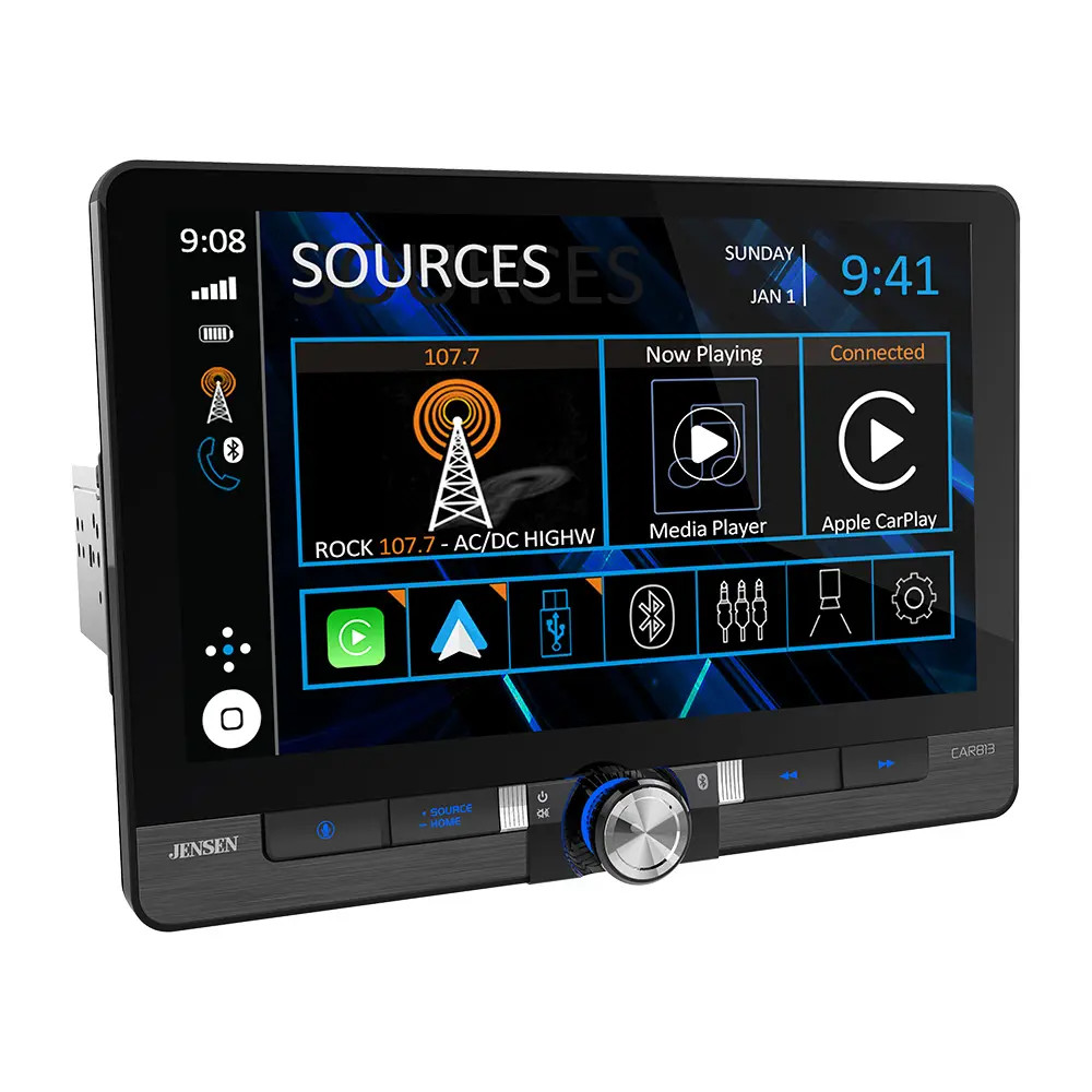 JENSEN 8" TOUCHSCREEN WIRELESS OR WIRED APPLE CARPLAY & ANDROID AUTO RECEIVER, 60W X 4, BLUETOOTH, FRONT & REAR CAMERA INPUTS, USB, EQ, RGB