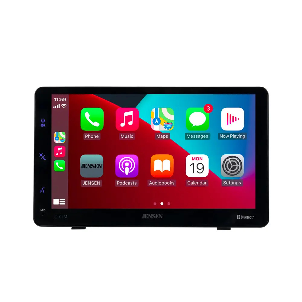JENSEN 7" TOUCHSCREEN APPLE CARPLAY & ANDROID AUTO, BLUETOOTH, USB, AUX OUTPUT, MP3/FLAC, FM RECEIVER, WITH SUCTION CUP MOUNT, BUILT IN SPEAKER, 12V POWER SUPPLY,