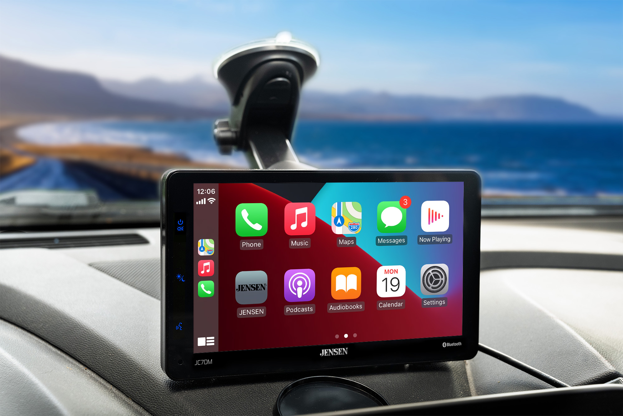 JENSEN 7" TOUCHSCREEN APPLE CARPLAY & ANDROID AUTO, BLUETOOTH, USB, AUX OUTPUT, MP3/FLAC, FM RECEIVER, WITH SUCTION CUP MOUNT, BUILT IN SPEAKER, 12V POWER SUPPLY,