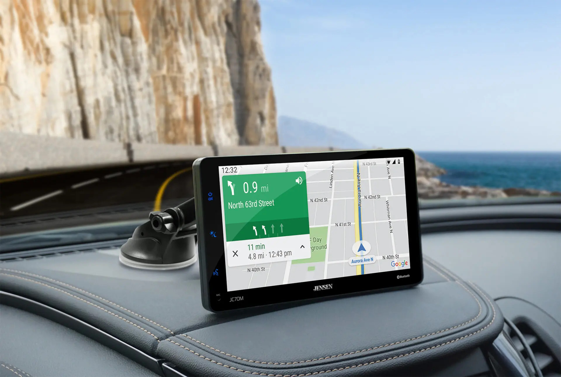 JENSEN 7" TOUCHSCREEN APPLE CARPLAY & ANDROID AUTO, BLUETOOTH, USB, AUX OUTPUT, MP3/FLAC, FM RECEIVER, WITH SUCTION CUP MOUNT, BUILT IN SPEAKER, 12V POWER SUPPLY,