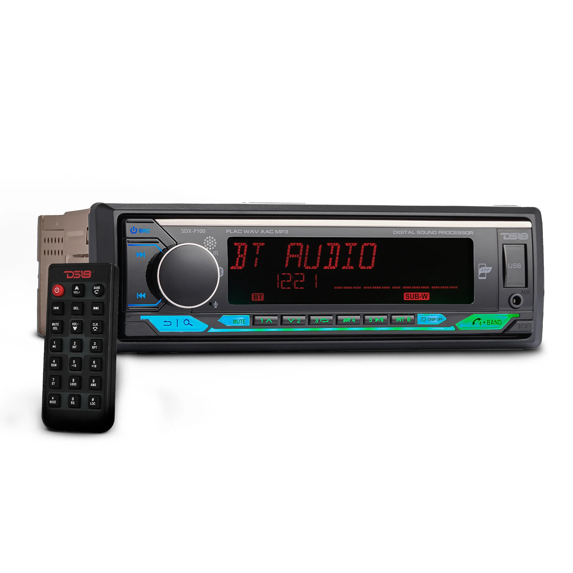 DS18 60 Watts RMS (4 x 15) Digital Media Receiver | Single Din | DSP | APP | Bluetooth Audio and Calling Head Unit | Aux Input | USB | Mechless | AM/FM Radio Receiver | 3V + 3.5V Subwoofer