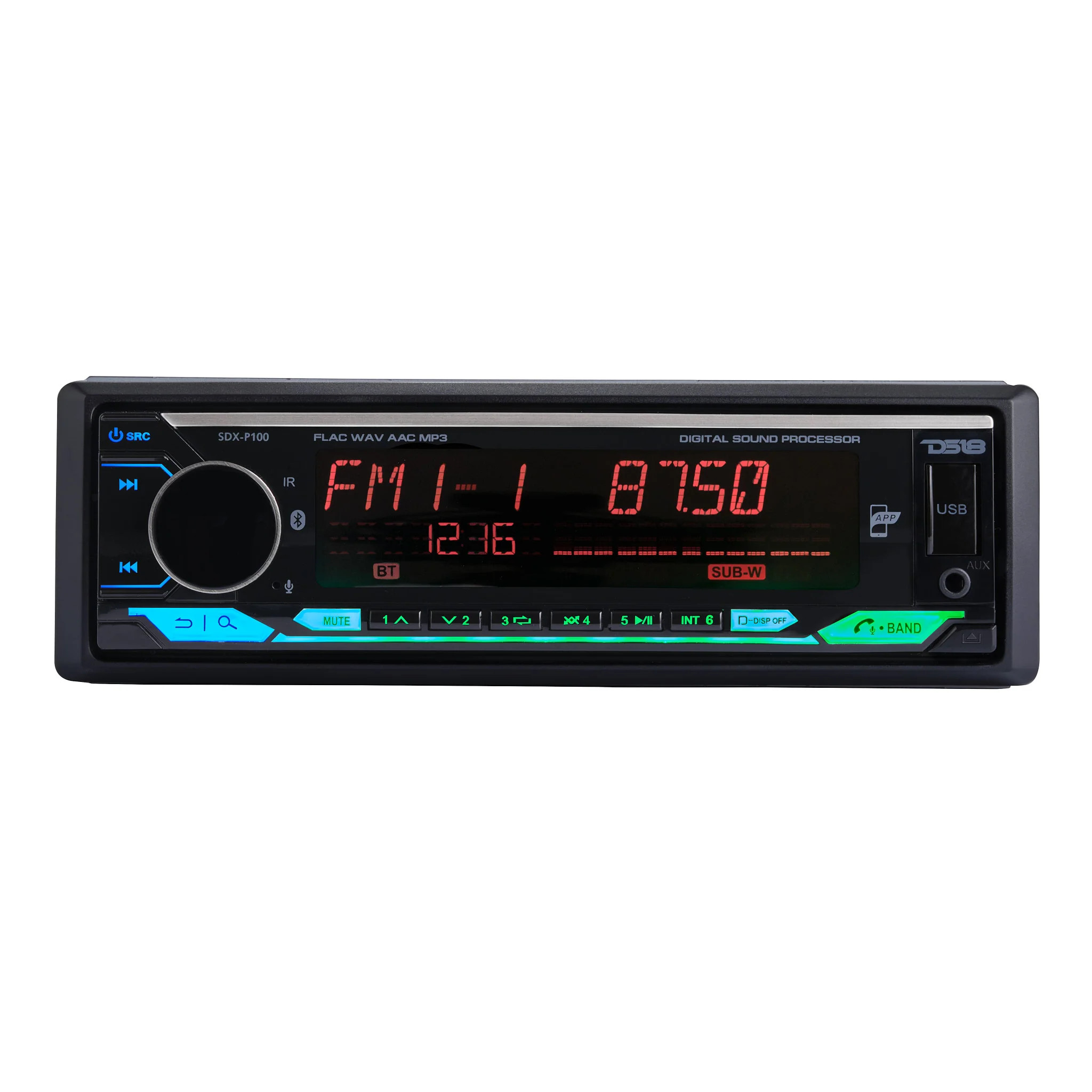 DS18 60 Watts RMS (4 x 15) Digital Media Receiver | Single Din | DSP | APP | Bluetooth Audio and Calling Head Unit | Aux Input | USB | Mechless | AM/FM Radio Receiver | 3V + 3.5V Subwoofer