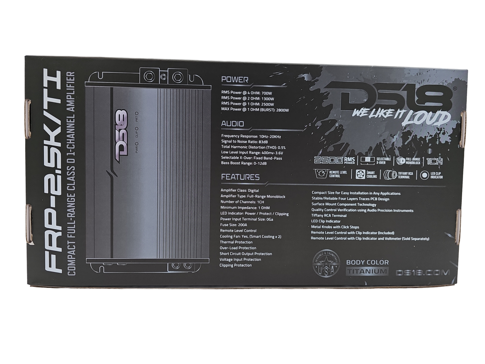 DS18 FRP Compact Full-Range Class D 1-Channel Amplifier 2,500 Watts Rms @ 1-Ohm Titanium DS18 FRP Compact Full-Range Class D 1-Channel Amplifier 2,500 Watts Rms @ 1-Ohm Titanium