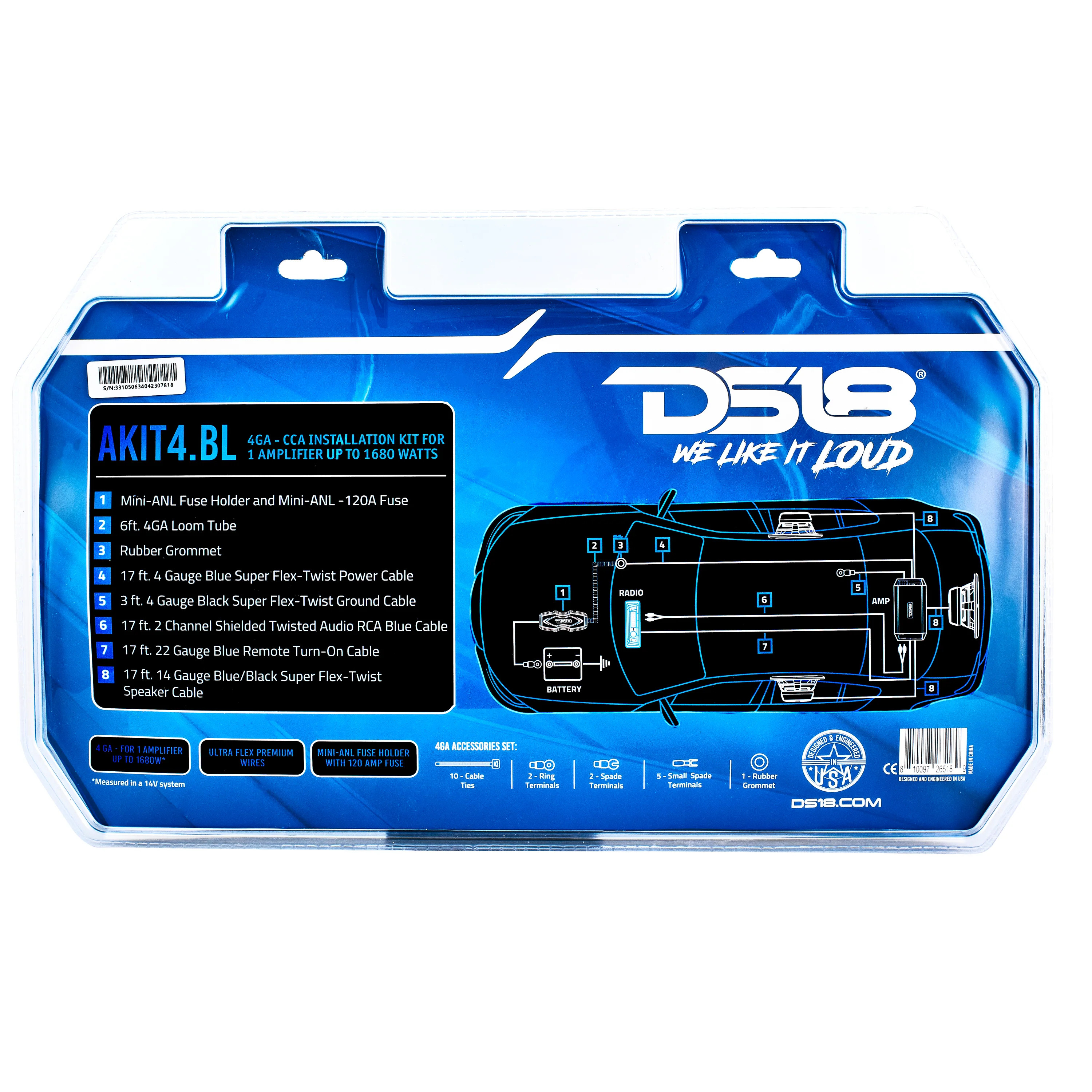 DS18 4-GA Amplifier Installation Kit - Blue