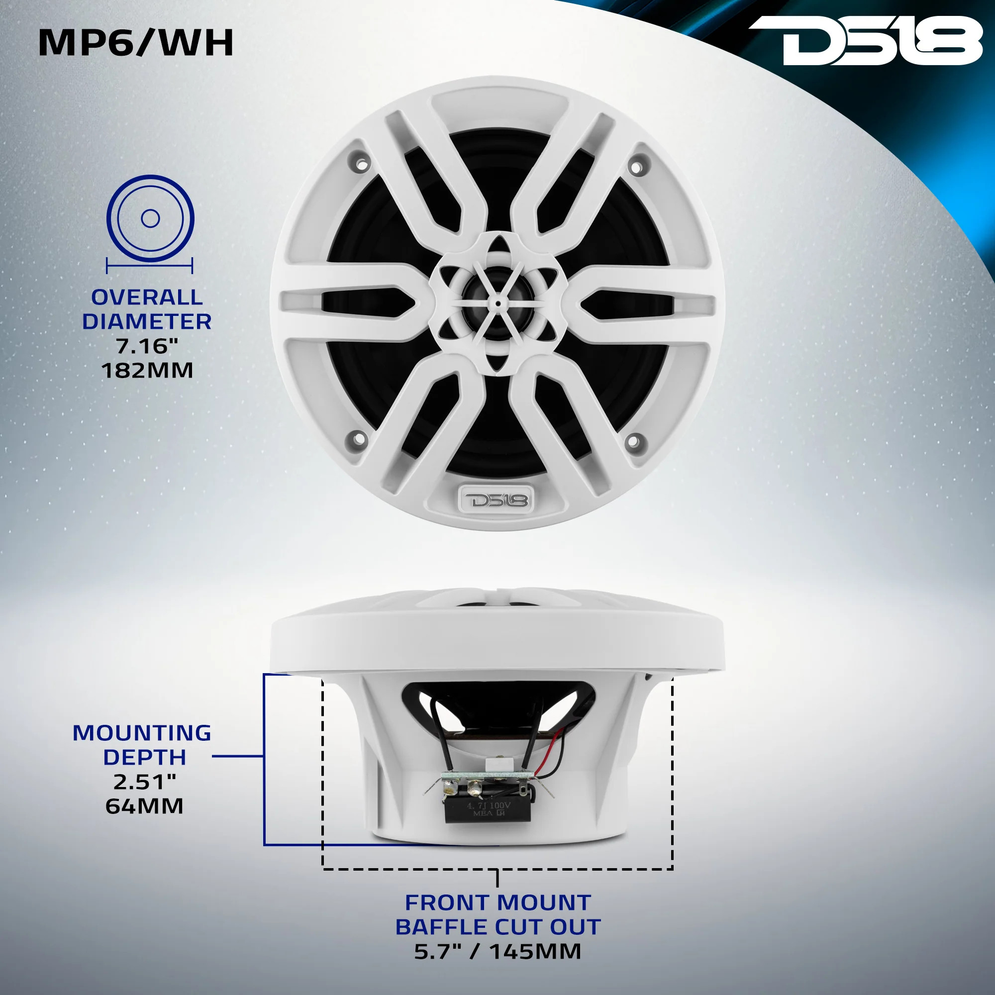 DS18 MP 6.5" 2-Way Coaxial Marine Speaker 60 Watts Rms 4-Ohm -White