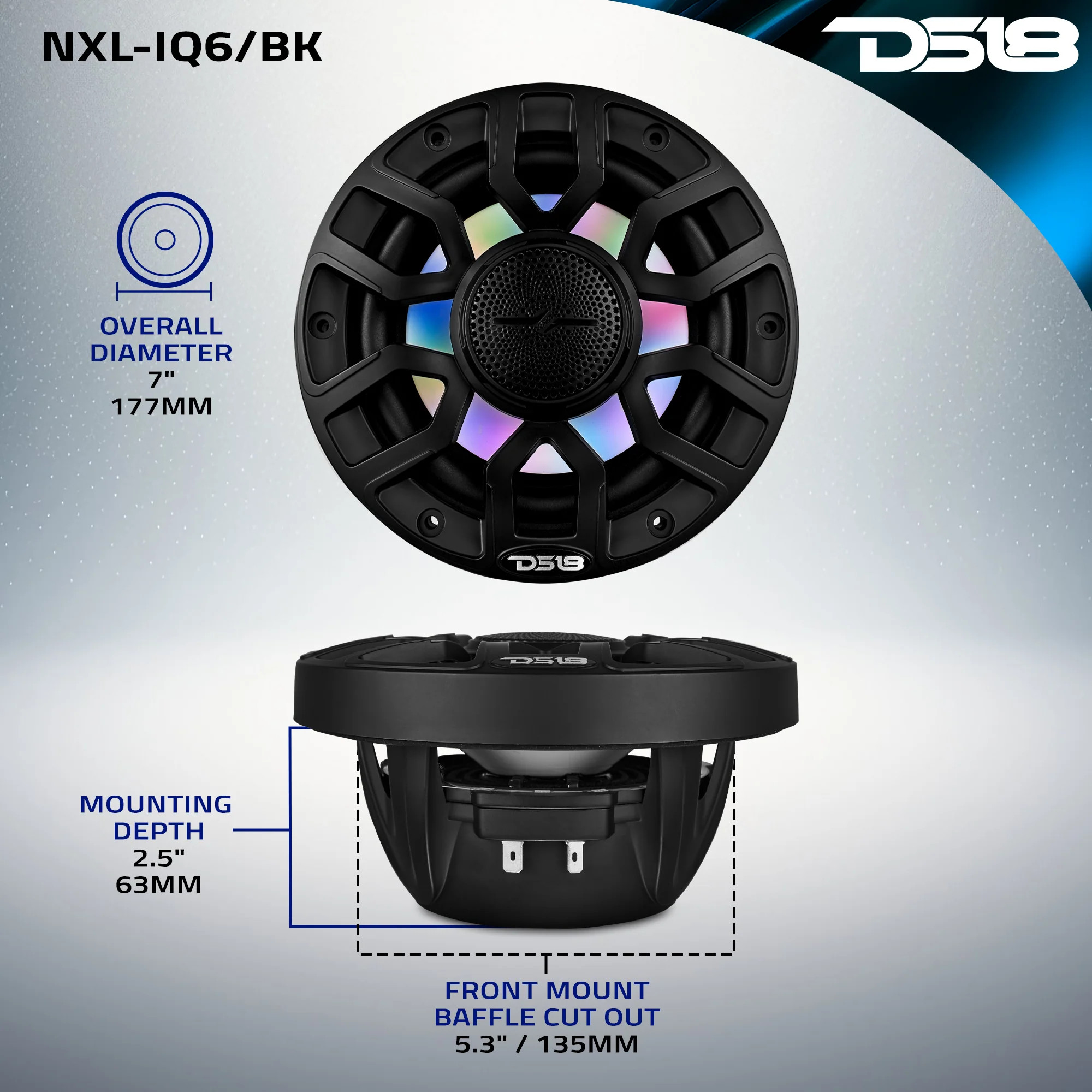 DS18 NXL 6.5" 2-Way Coaxial Marine Speaker With Digital Led Lights And Bullet Tweeter 150 Watts 4-Ohm - BLACK