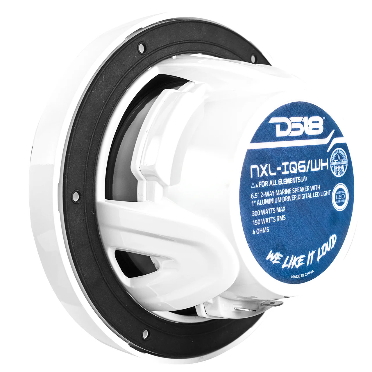 DS18 NXL 6.5" 2-Way Coaxial Marine Speaker With Digital Led Lights And Bullet Tweeter 150 Watts 4-Ohm - WHITE