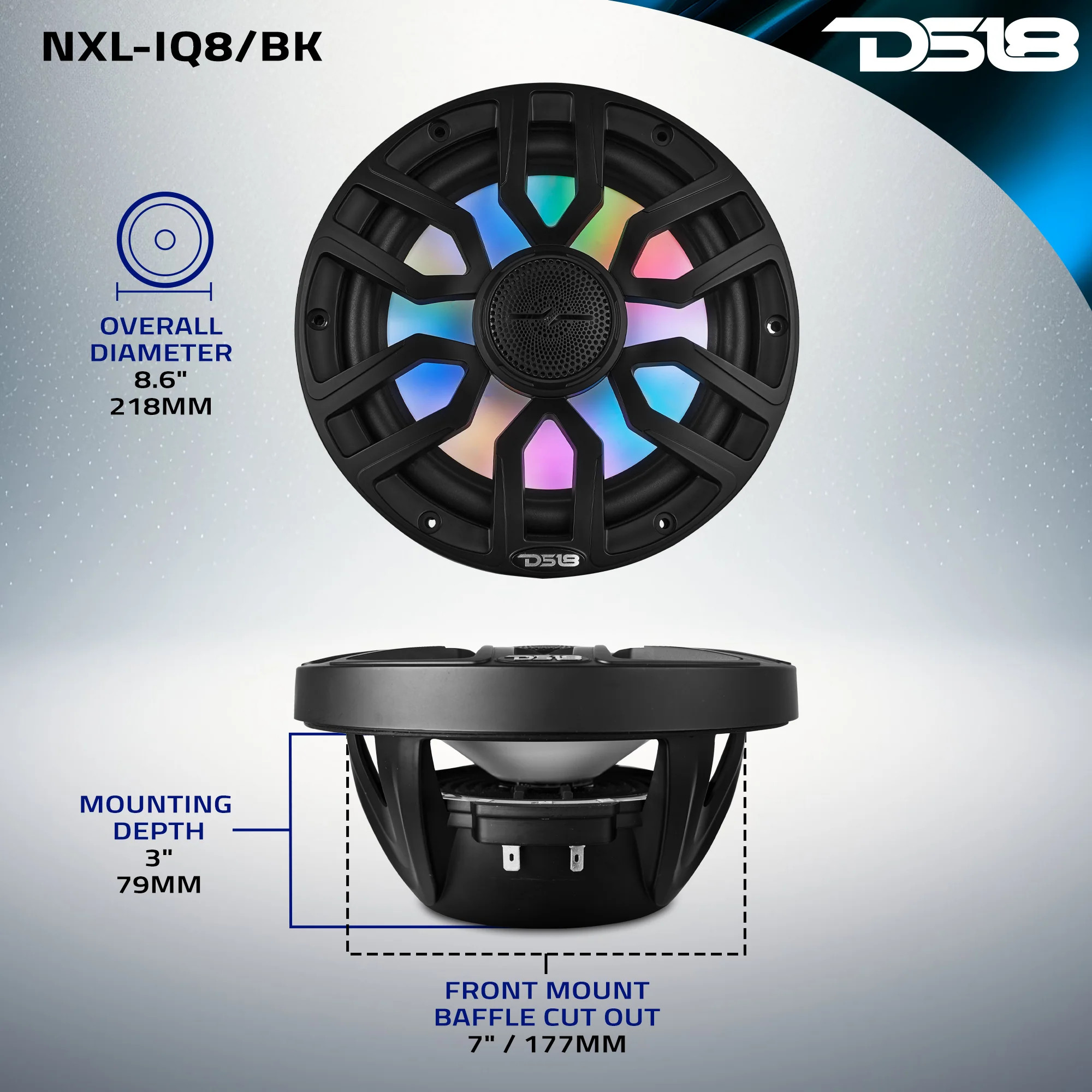 DS18 NXL 8" 2-Way Coaxial Marine Speaker With Digital Led Lights And Bullet Tweeter 175 Watts 4-Ohm - BLACK