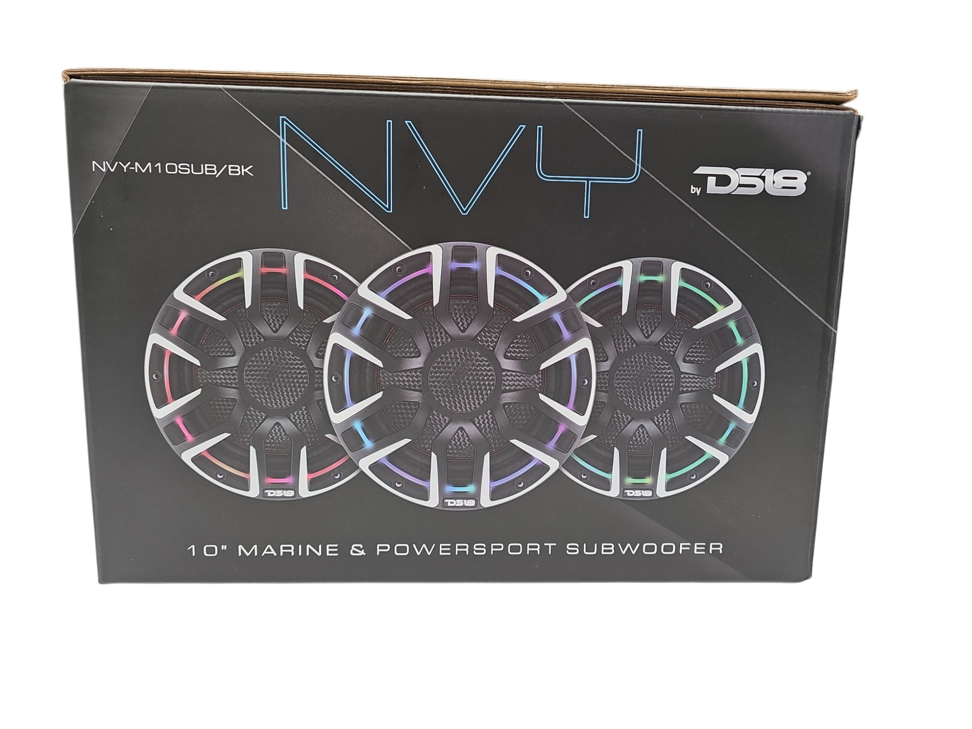 DS18 NVY 10" NEODYMIUM CARBON FIBER MARINE SUBWOOFER WITH DIGITAL LED LIGHTS 600 WATTS RMS SVC 4 OHM - BLACK