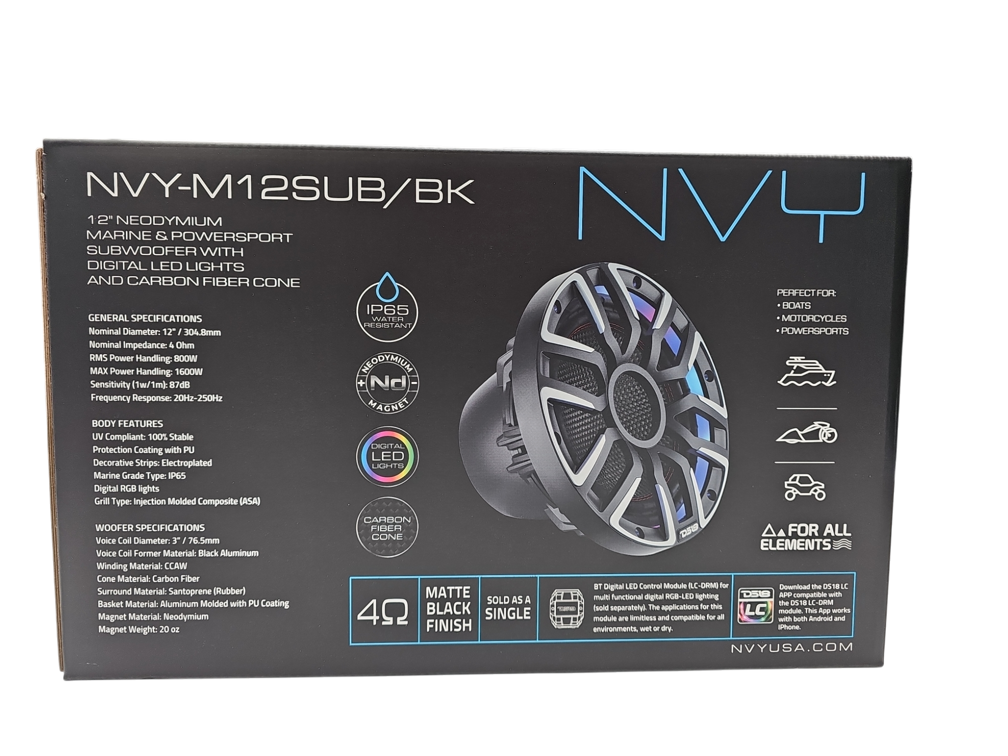 DS18 NVY 12" NEODYMIUM CARBON FIBER MARINE SUBWOOFER WITH DIGITAL LED LIGHTS 800 WATTS RMS SVC 4 OHM - BLACK