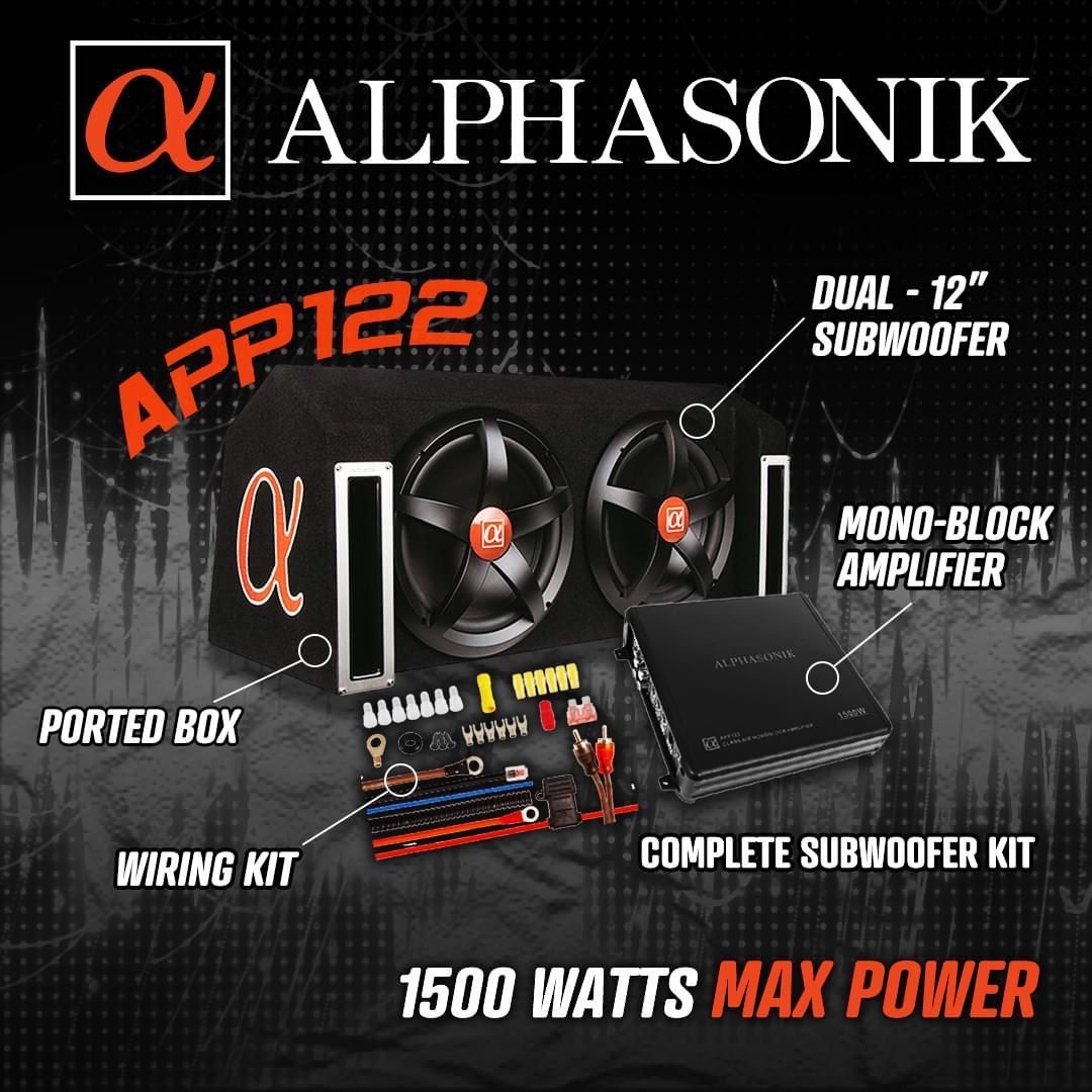 ALPHASONIC 1500 WATT DUAL 12" SUBWOOFER BASS PACKAGE WITH AMPLIFIER AND WIRING KIT INCLUDED ALPHASONIC 1500 WATT DUAL 12" SUBWOOFER BASS PACKAGE WITH AMPLIFIER AND WIRING KIT INCLUDED