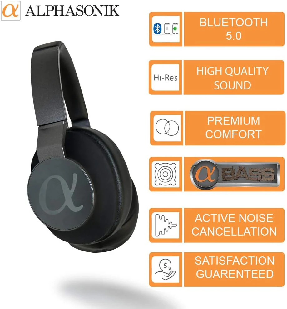 Alphasonik V80BN Active Noise Canceling Headphones Bluetooth Wireless with Microphone Alpha Deep Bass Wireless Headphones Over Ear, Cooling Foam Earpads, 30 Hours Playtime Alphasonik V80BN Active Noise Canceling Headphones Bluetooth Wireless with Microphone Alpha Deep Bass Wireless Headphones Over Ear, Cooling Foam Earpads, 30 Hours Playtime
