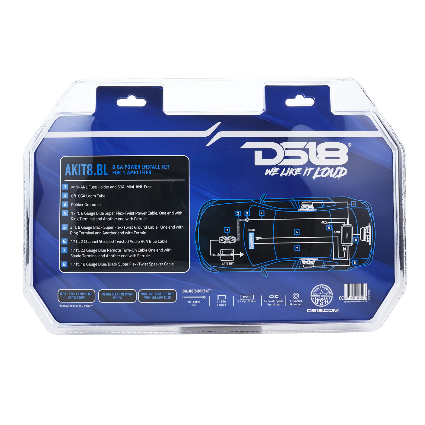 DS18 8GA BLUE AMPLIFIER WIRING KIT