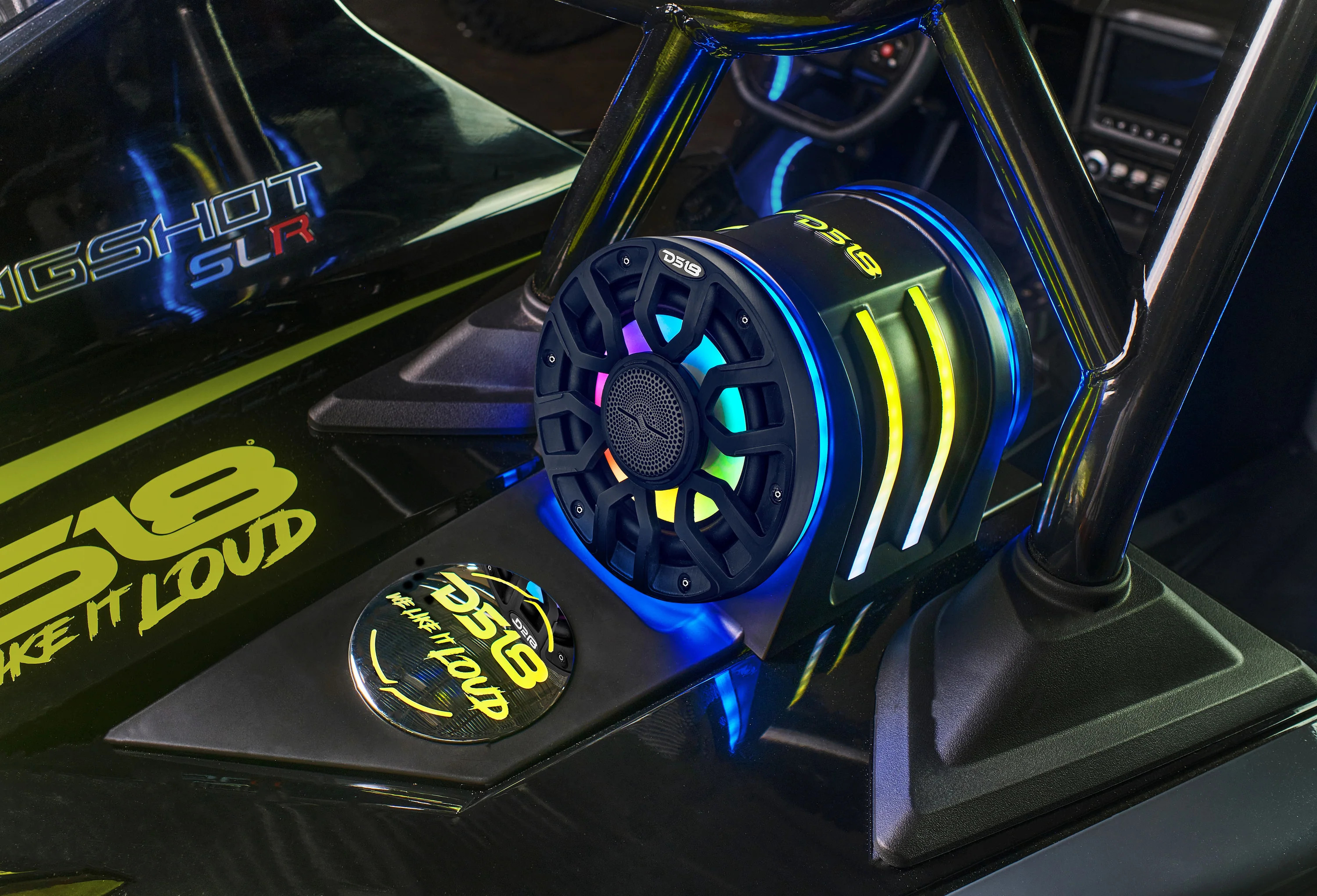 DS18 Polaris Slingshot Headrest Speaker Pods Loaded | 2 x NXL-IQ6/BK Speakers and Digital LED Lights | 2015 - Current