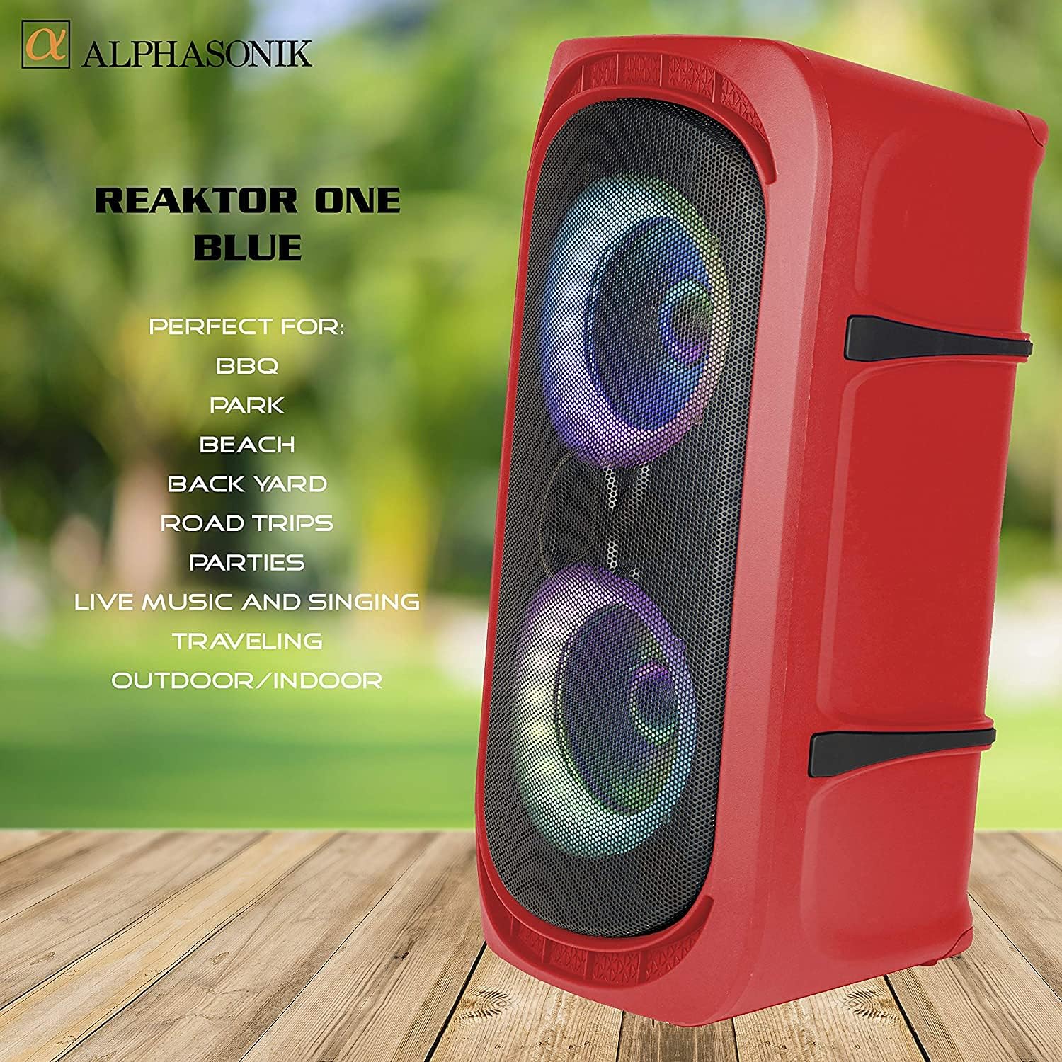 ALPHASONIK REAKTOR BLUETOOTH PORTABLE PARTY SPEAKER, RECHARGEABLE, MULTI COLOR LED LIGHTING, USB, AND SD - BLUE ALPHASONIK REAKTOR BLUETOOTH PORTABLE PARTY SPEAKER, RECHARGEABLE, MULTI COLOR LED LIGHTING, USB, AND SD - BLUE