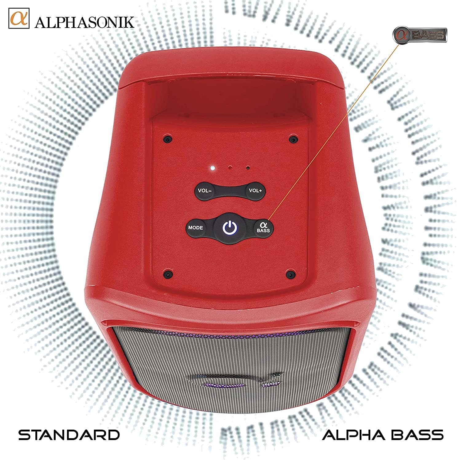 ALPHASONIK REAKTOR BLUETOOTH PORTABLE PARTY SPEAKER, RECHARGEABLE, MULTI COLOR LED LIGHTING, USB, AND SD - RED