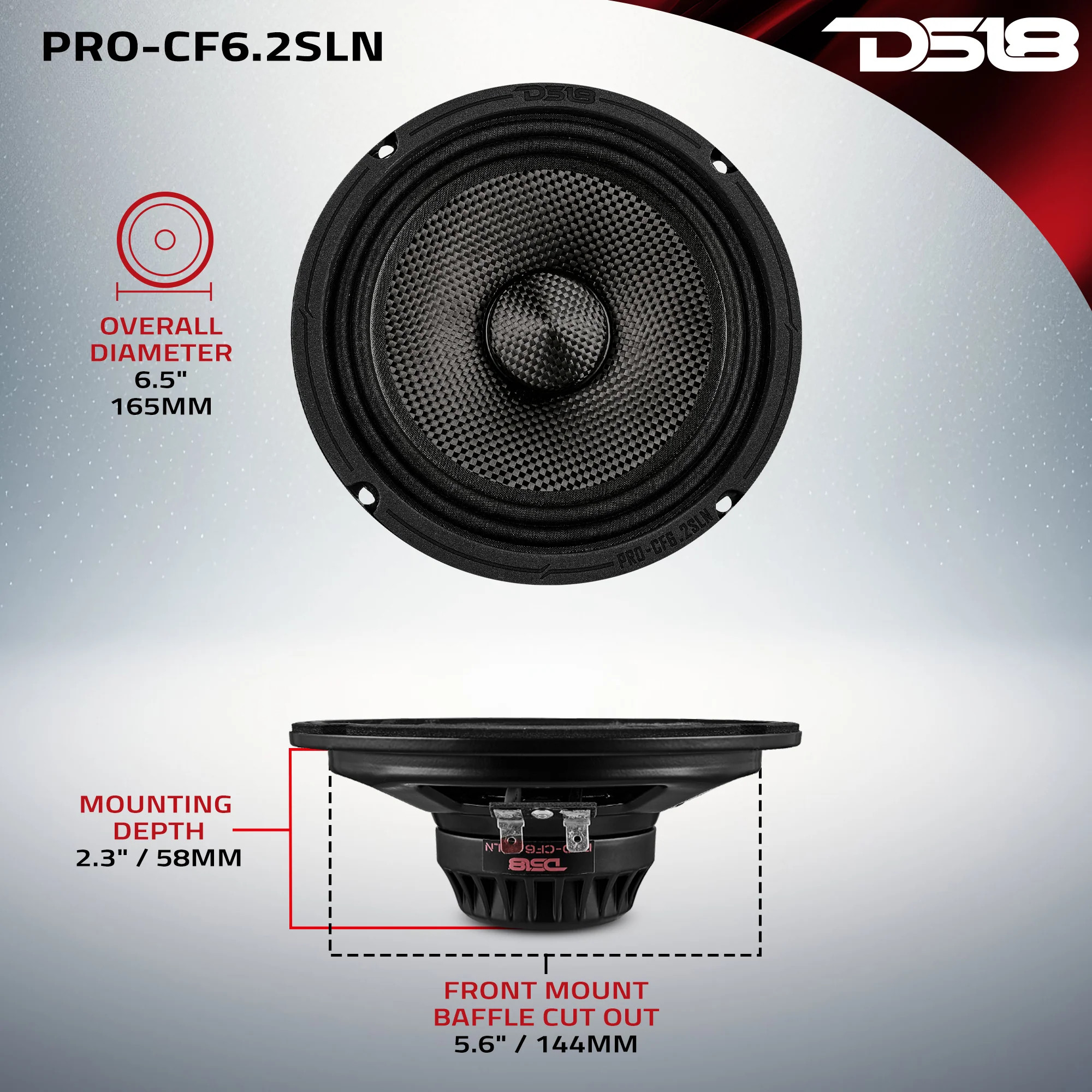 DS18 6.5" Slim Motorcycle & Motorsports Loudspeaker With Water Resistant Carbon Fiber Cone | 2-Ohm 150W RMS