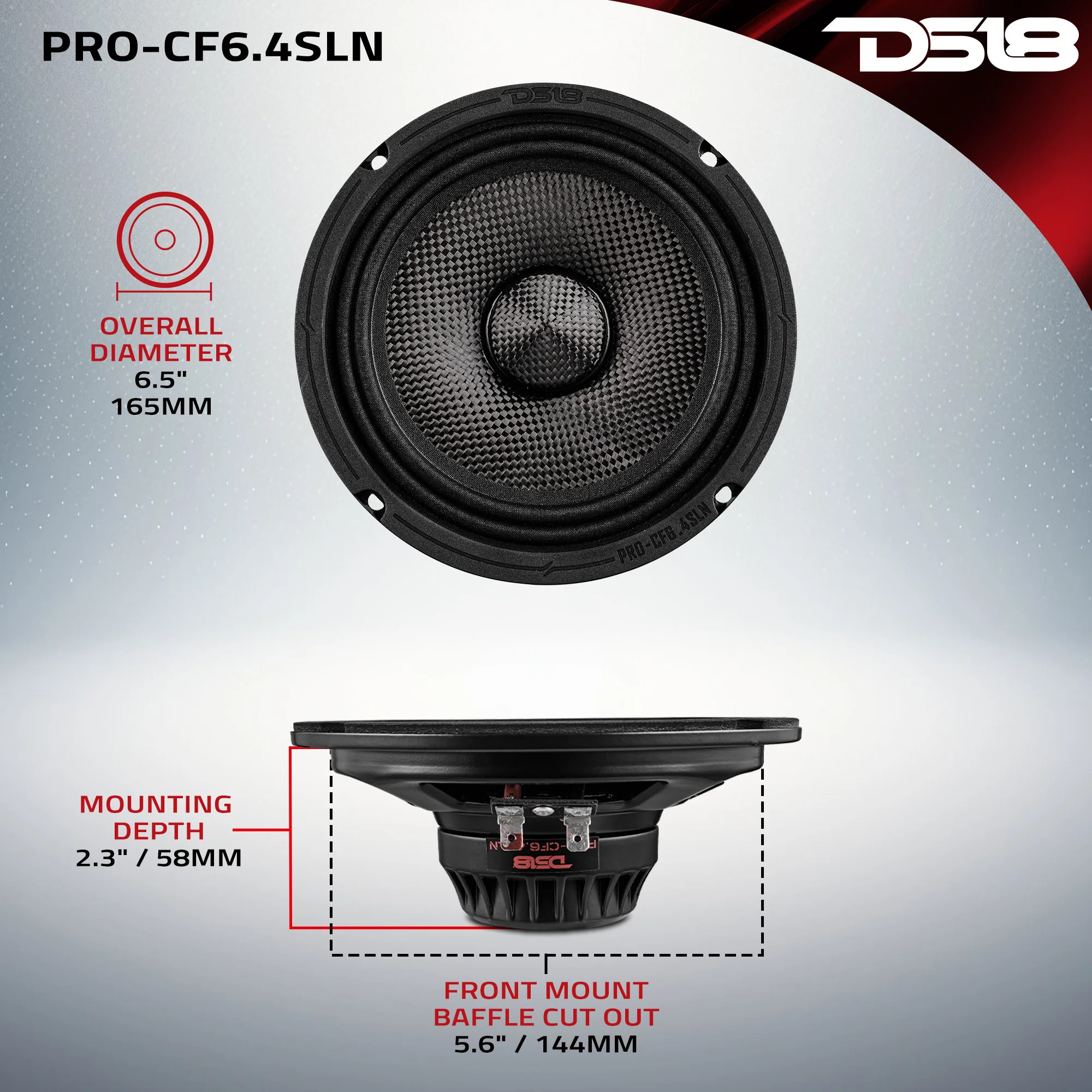 DS18 6.5" Slim Motorcycle & Motorsports Loudspeaker With Water Resistant Carbon Fiber Cone | 4-Ohm 150W RMS