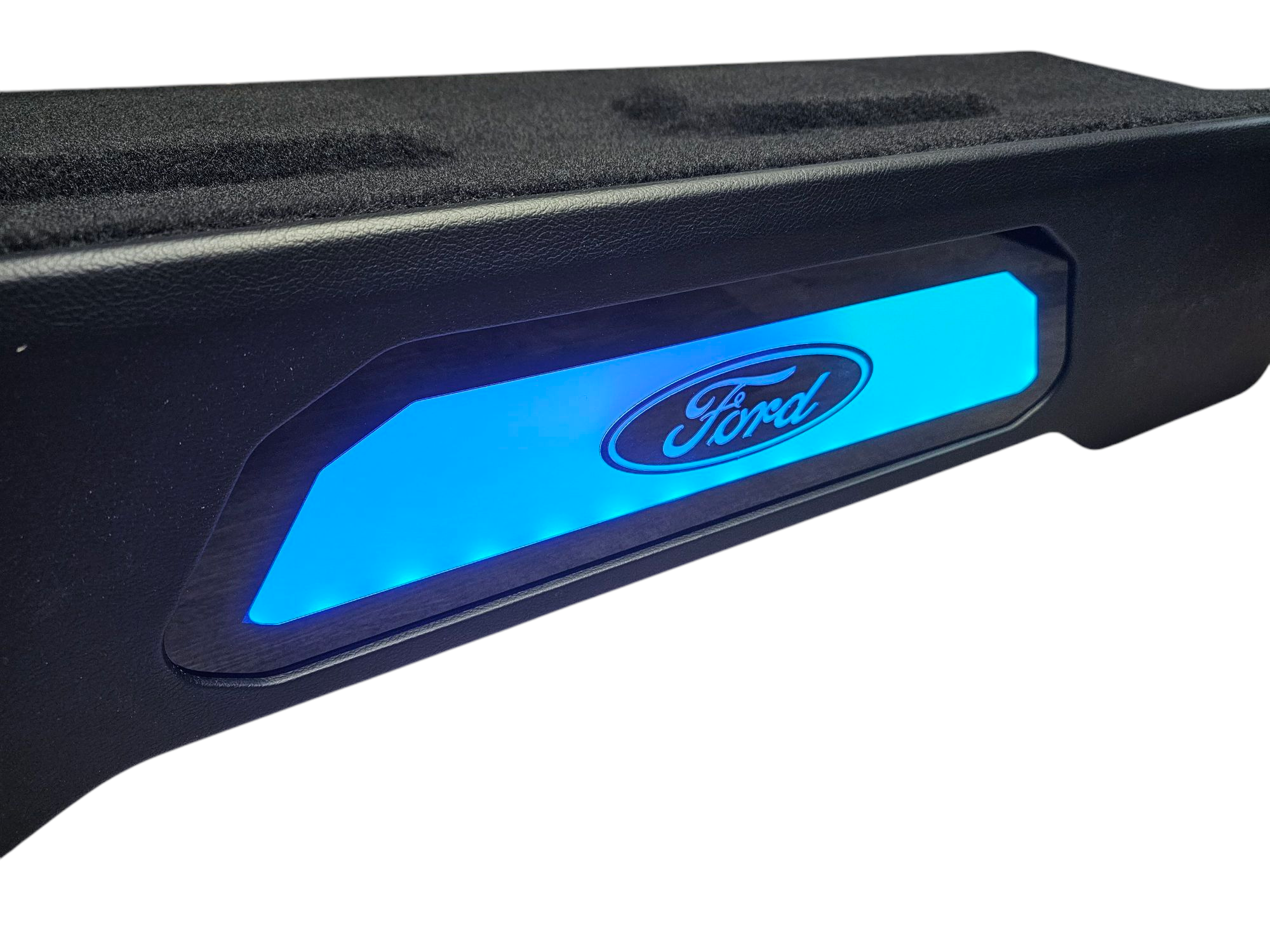 BASS-MAXX LEVEL 4 PRO SERIES FORD 150 2009-2024, SUPER DUTY 2017-2024 TRUCK CREW CAB - ROUNDED CORNERS, VINYL WRAPPED WITH DURABLE CARPET TOP AND BOTTOM, ACRYLIC INSERTS, CHASING LED LIGHTING BUILT IN - SEALED - BLACK VINYL