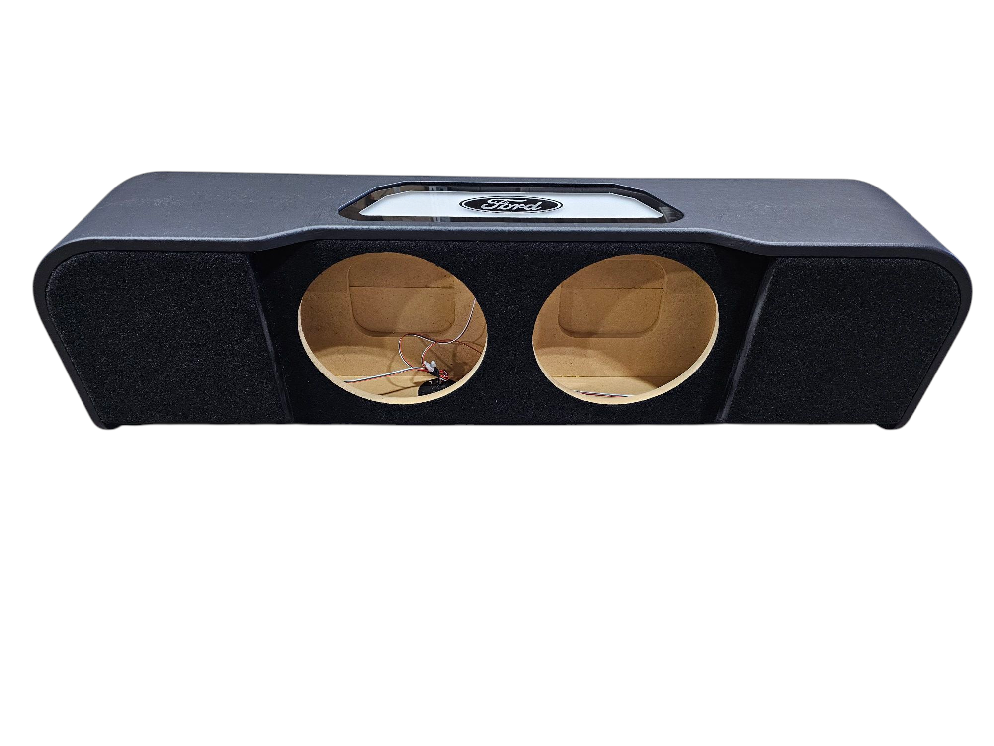 BASS-MAXX LEVEL 4 PRO SERIES FORD 150 2009-2024, SUPER DUTY 2017-2024 TRUCK CREW CAB - ROUNDED CORNERS, VINYL WRAPPED WITH DURABLE CARPET TOP AND BOTTOM, ACRYLIC INSERTS, CHASING LED LIGHTING BUILT IN - SEALED - BLACK VINYL - FORD LOGO