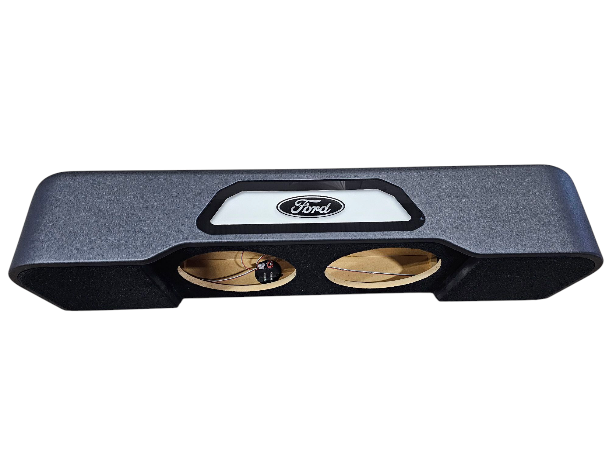 BASS-MAXX LEVEL 4 PRO SERIES FORD 150 2009-2024, SUPER DUTY 2017-2024 TRUCK CREW CAB - ROUNDED CORNERS, VINYL WRAPPED WITH DURABLE CARPET TOP AND BOTTOM, ACRYLIC INSERTS, CHASING LED LIGHTING BUILT IN - SEALED - BLACK VINYL - FORD LOGO