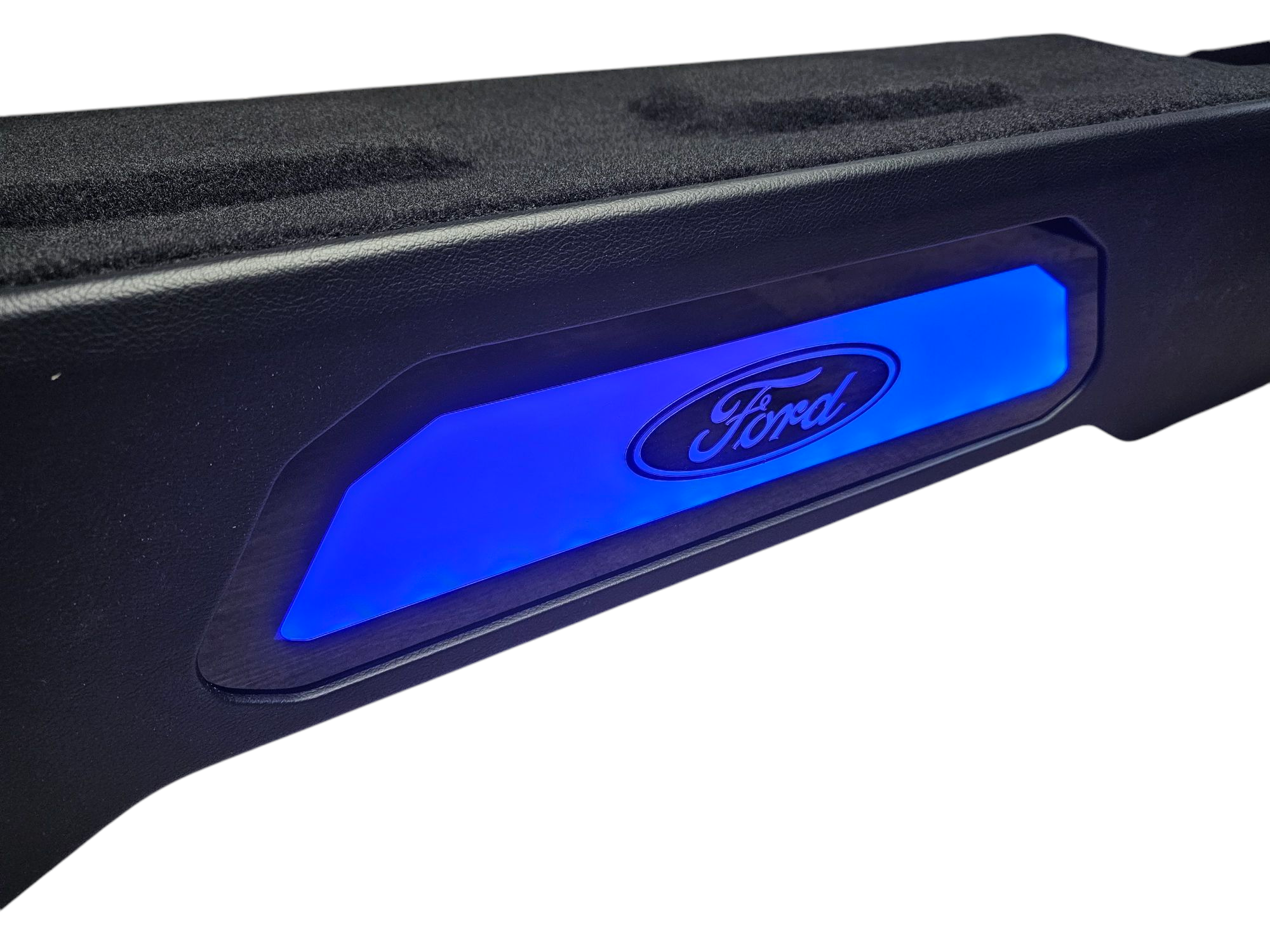 BASS-MAXX LEVEL 4 PRO SERIES FORD 150 2009-2024, SUPER DUTY 2017-2024 TRUCK CREW CAB - ROUNDED CORNERS, VINYL WRAPPED WITH DURABLE CARPET TOP AND BOTTOM, ACRYLIC INSERTS, CHASING LED LIGHTING BUILT IN - SEALED - BLACK VINYL - FORD LOGO