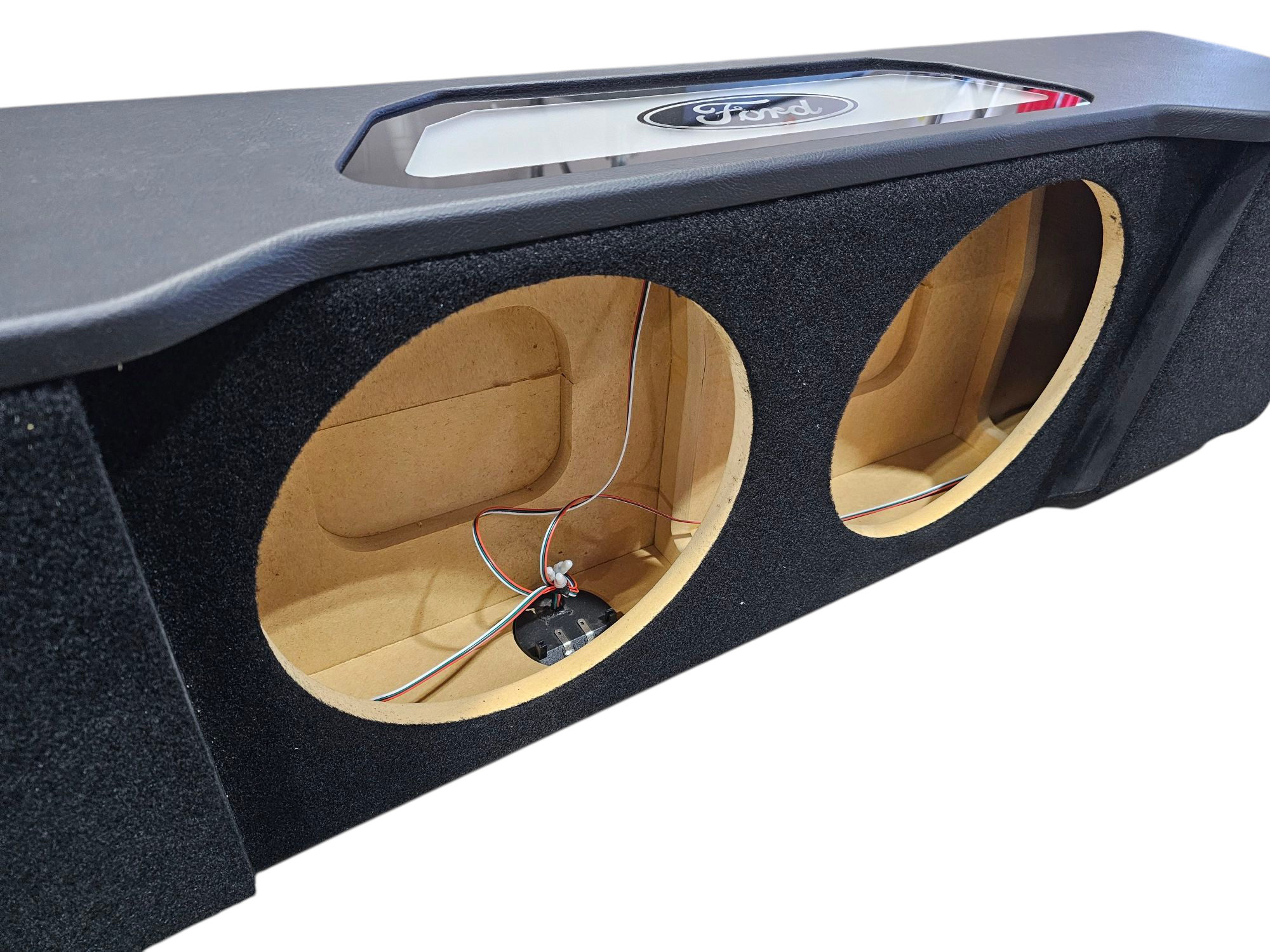 BASS-MAXX LEVEL 4 PRO SERIES FORD 150 2009-2024, SUPER DUTY 2017-2024 TRUCK CREW CAB - ROUNDED CORNERS, VINYL WRAPPED WITH DURABLE CARPET TOP AND BOTTOM, ACRYLIC INSERTS, CHASING LED LIGHTING BUILT IN - SEALED - BLACK VINYL - FORD LOGO