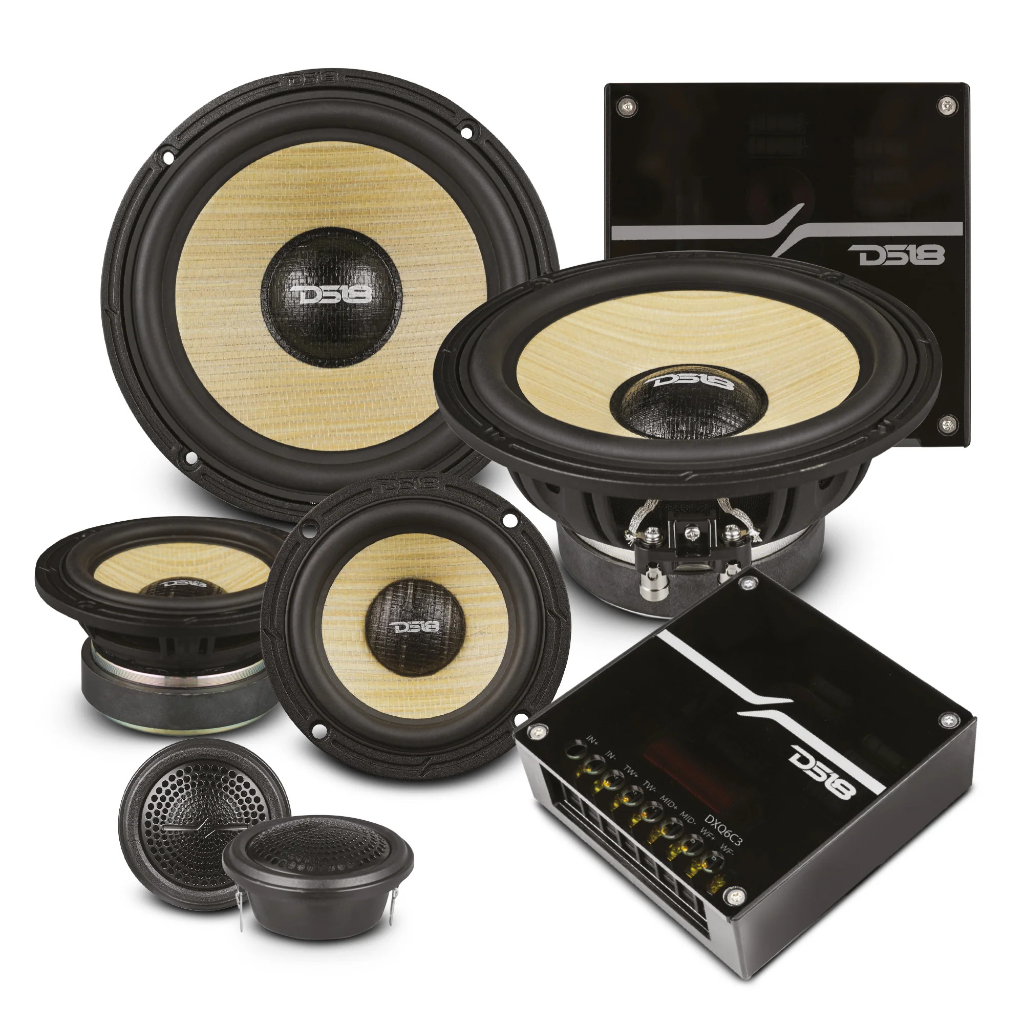 DS18 HIGH FIDELITY SOUND QUALITY DXQ 6.5" 3 WAY COMPONENT SPEAKER SET WITH YELLOW STRAW + COMPOSITE FOAM CONE, EXTERNAL PASSIVE CROSSOVERS, 150 WATTS RMS DS18 HIGH FIDELITY SOUND QUALITY DXQ 6.5" 3 WAY COMPONENT SPEAKER SET WITH YELLOW STRAW + COMPOSITE FOAM CONE, EXTERNAL PASSIVE CROSSOVERS, 150 WATTS RMS