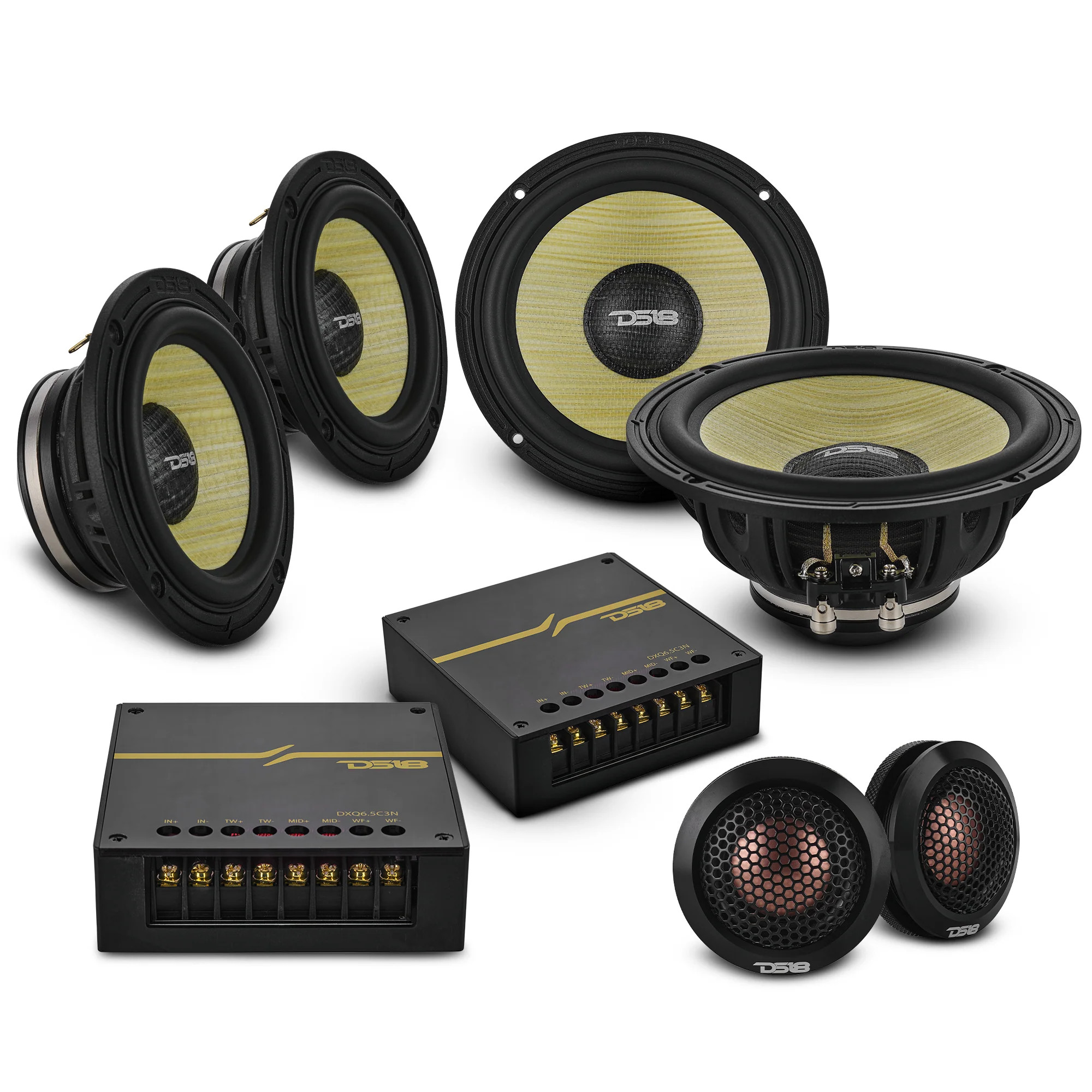 DS18 HIGH FIDELITY SOUND QUALITY DXQ 6.5" 3 WAY COMPONENT SYSTEM SET WITH YELLOW STRAW + COMPOSITE FOAM CONE, EXTERNAL PASSIVE CROSSOVERS, NEODYMIUM MAGNETS - 180 WATTS RMS DS18 HIGH FIDELITY SOUND QUALITY DXQ 6.5" 3 WAY COMPONENT SYSTEM SET WITH YELLOW STRAW + COMPOSITE FOAM CONE, EXTERNAL PASSIVE CROSSOVERS, NEODYMIUM MAGNETS - 180 WATTS RMS